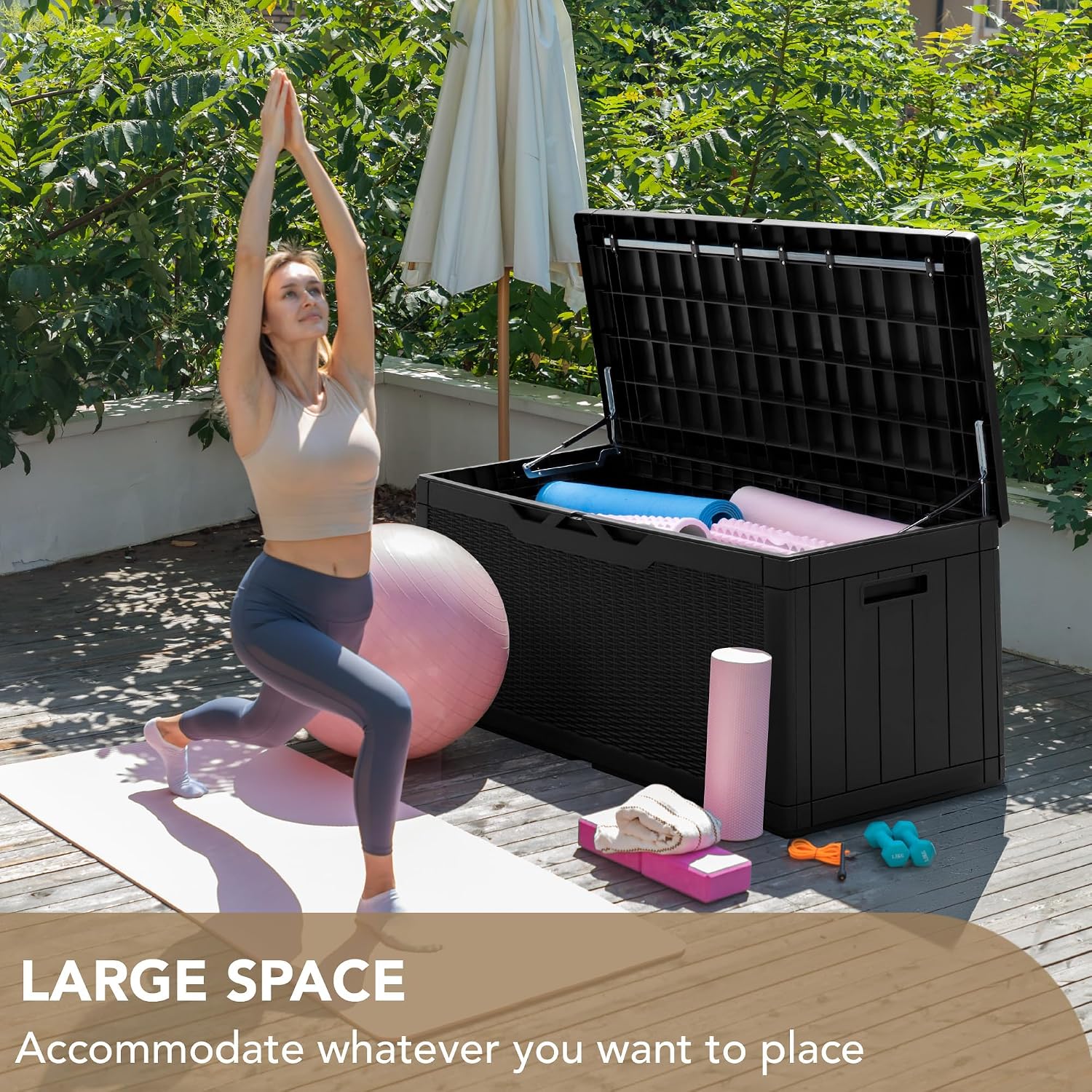 Detalle 2 de Devoko Model 1 100-Gallon Resin Deck Box with Cushion, Waterproof and Lockable