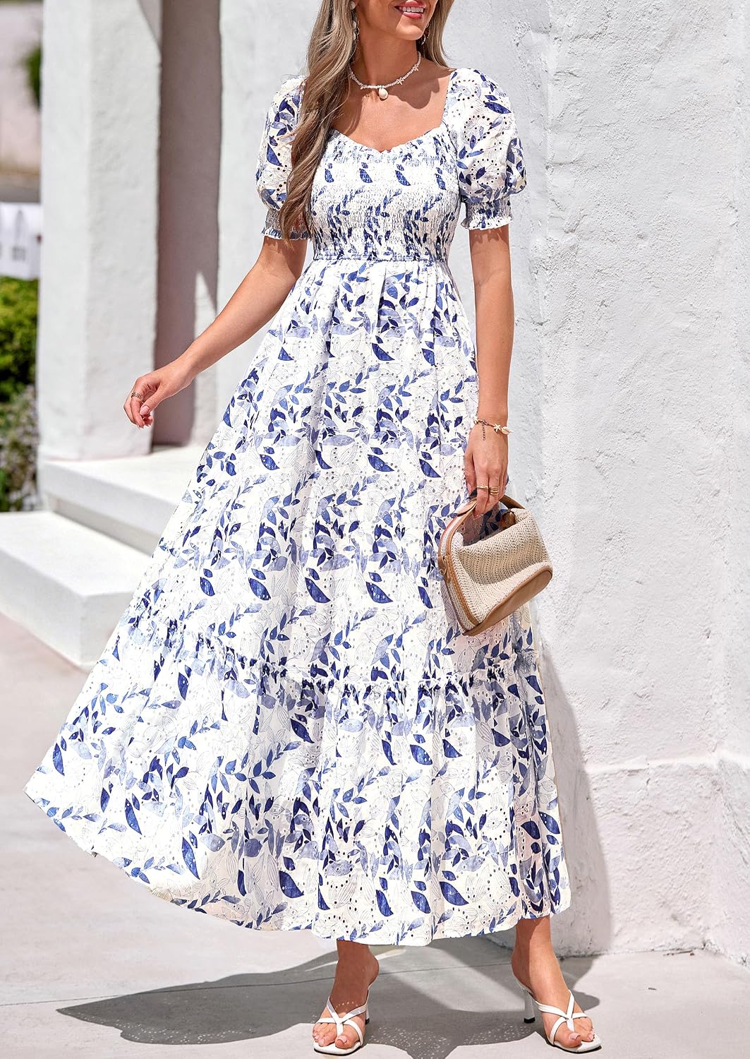 Thumbnail 2 de PRETTYGARDEN Women's Floral Boho Maxi Dress — Eyelet Smocked Bodice, Flowy A-Line with Short Lantern Sleeves