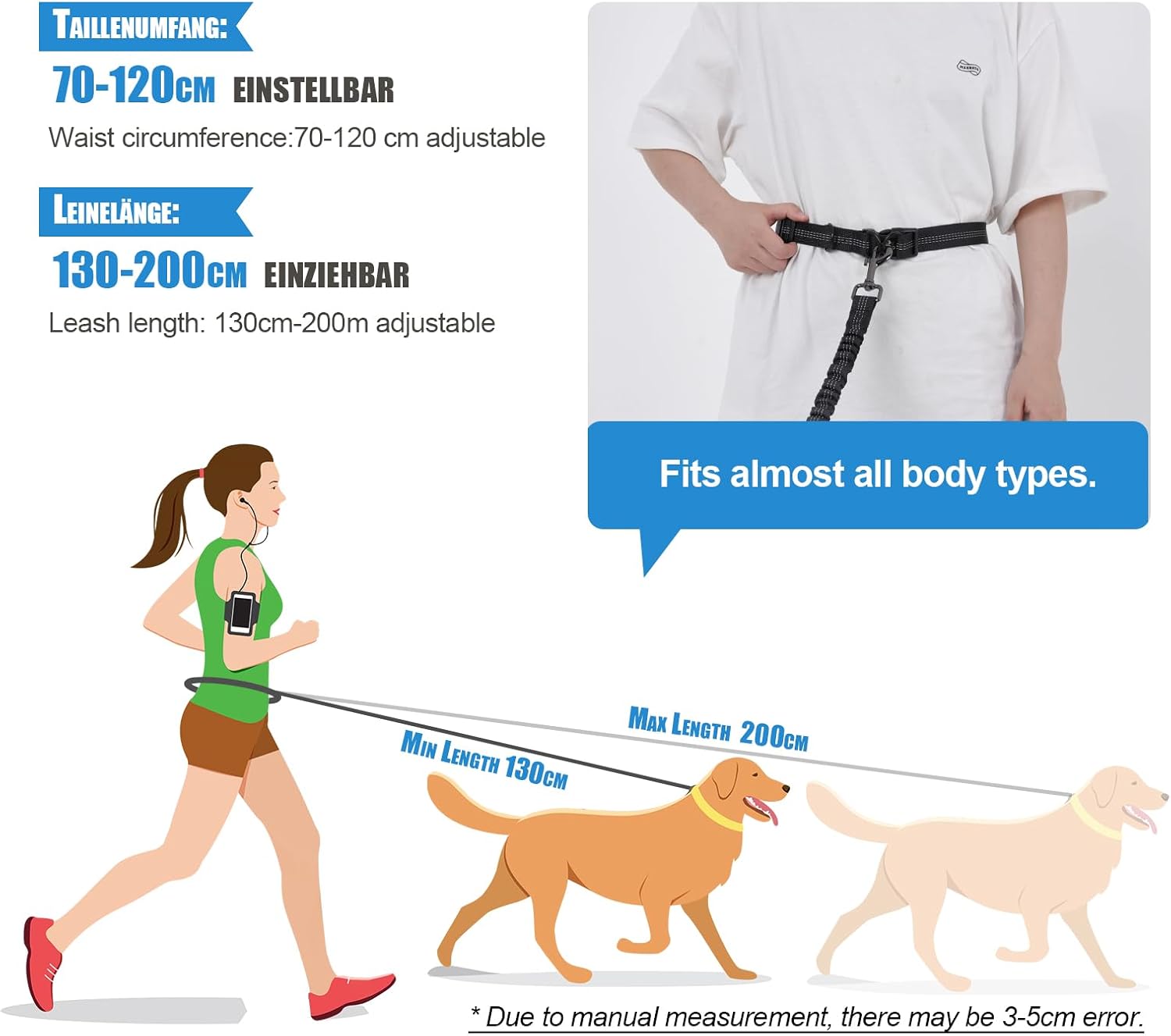 Detalle de Snocyo Jogging-Hundeleine – elastische 2-in-1 Leine mit Gürtel & Doppelgriff (bis 50 kg)