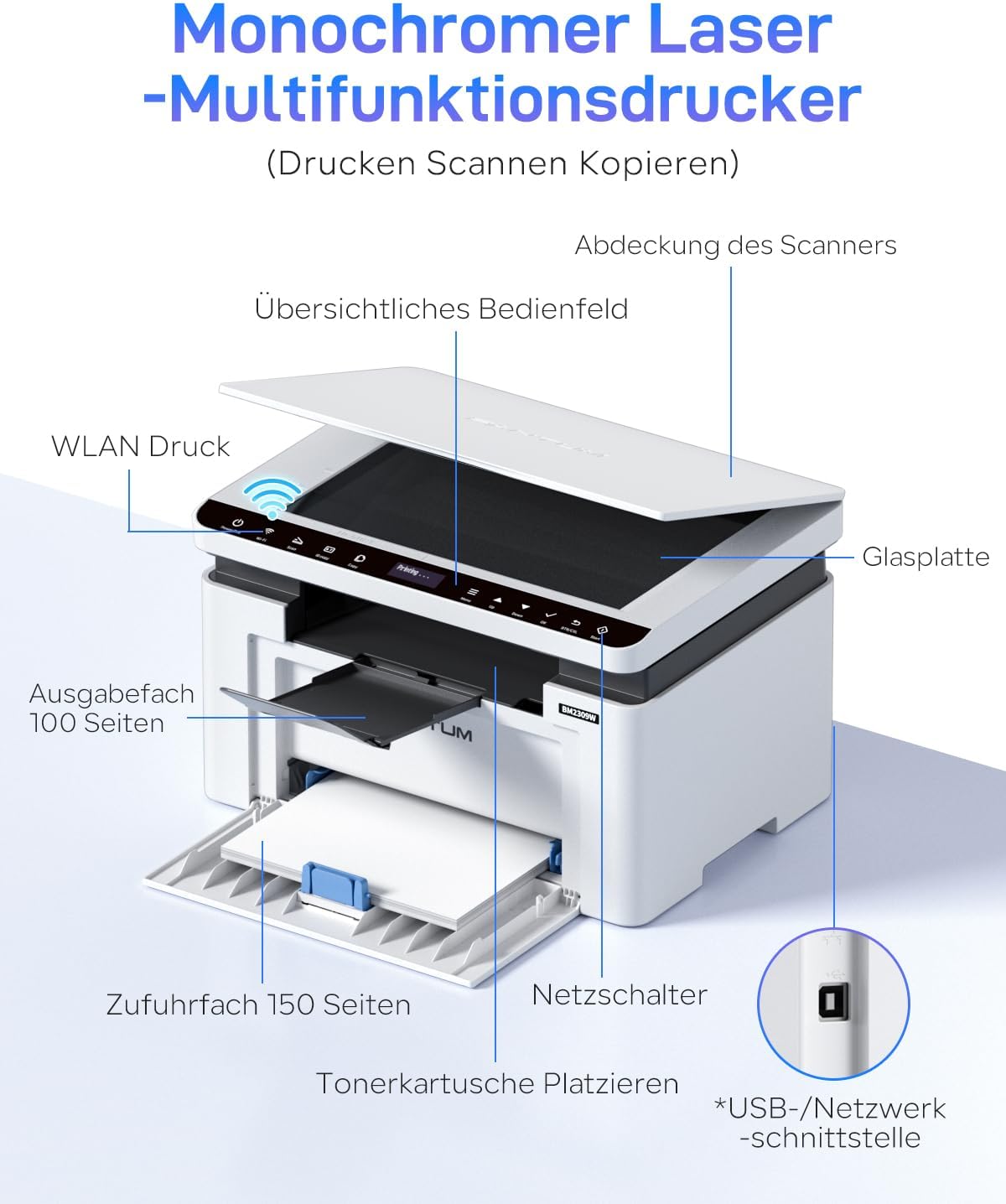 Thumbnail 5 de PANTUM BM2309W Laserdrucker 3-in-1 (Drucken, Scannen, Kopieren) mit WLAN, AirPrint & Mopria
