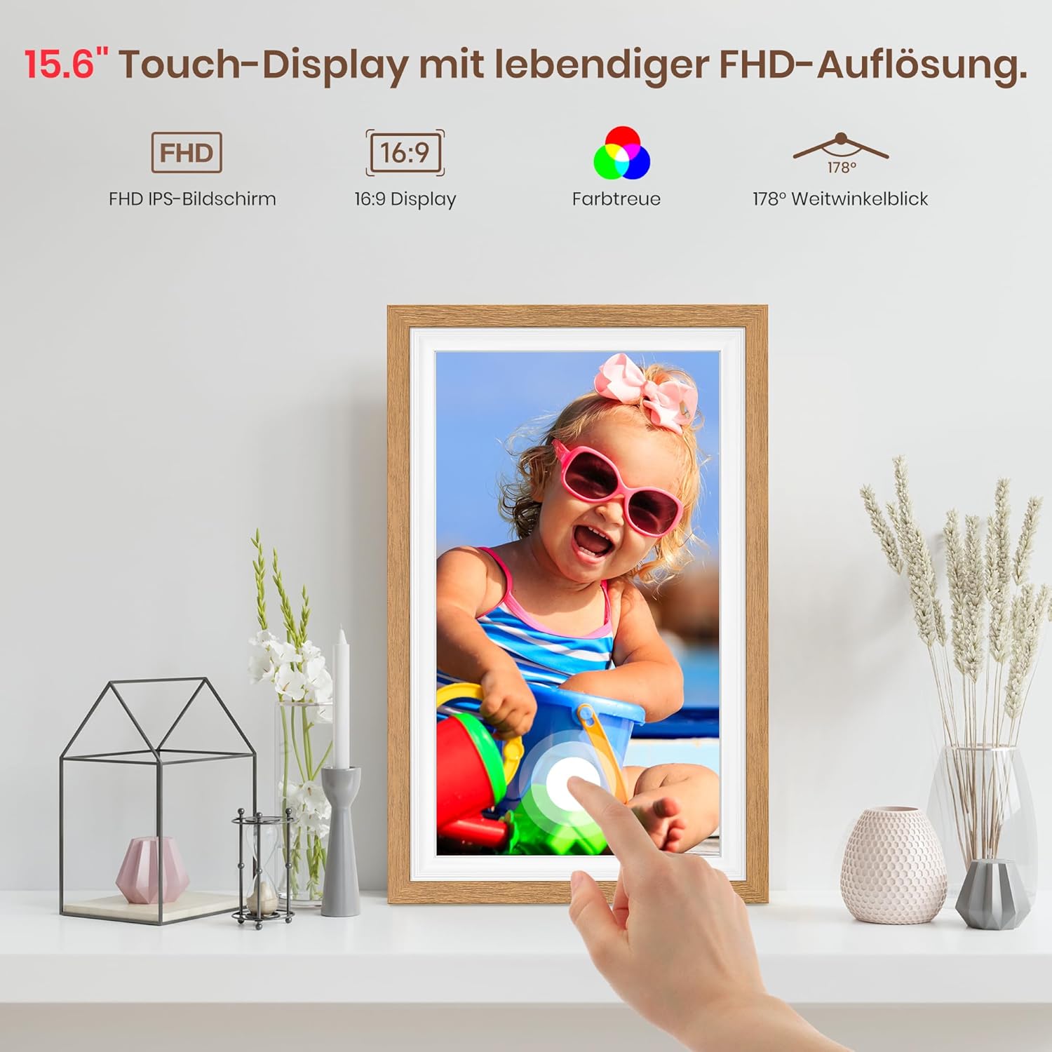 Detalle de Frameo 64 GB – 15,6 Zoll Digitaler Bilderrahmen mit WLAN, Touchscreen und Frameo-App