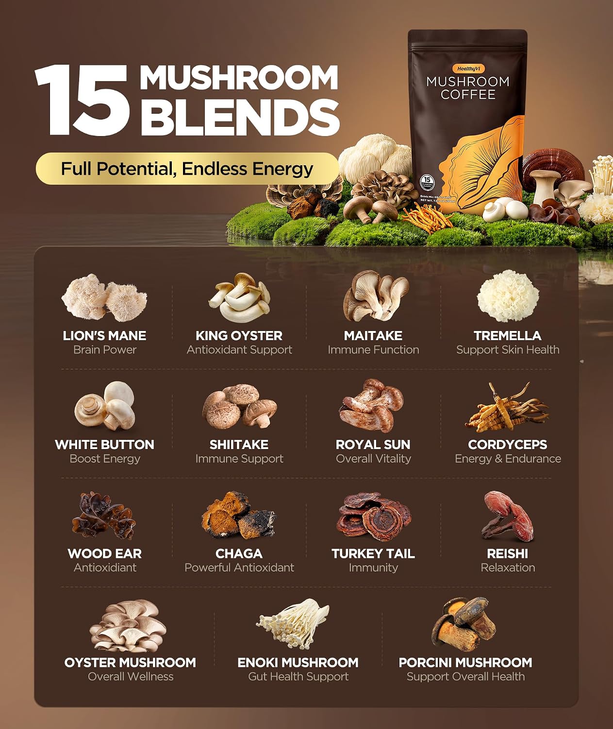 Detalle de HealthyVi Mushroom Coffee, Medium Roast Arabica with 15 Mushrooms