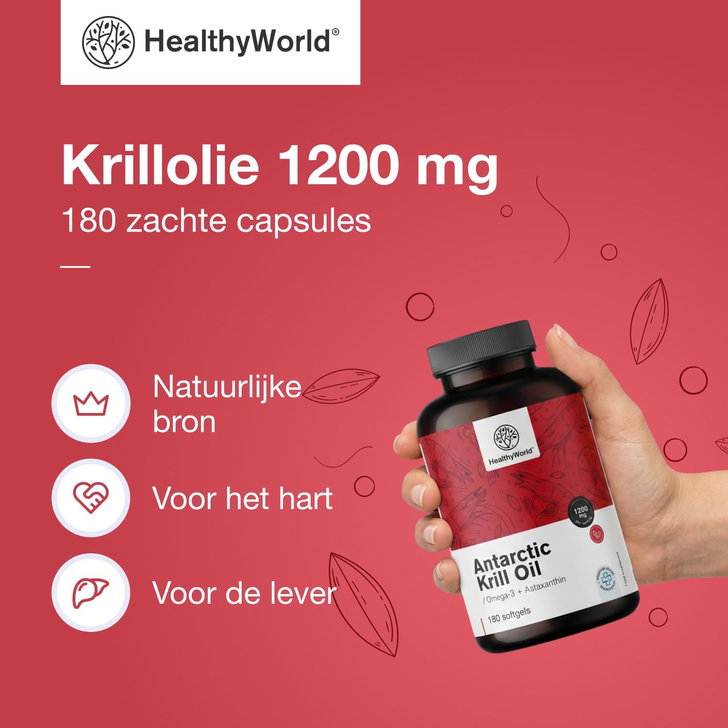 Detalle 2 de HealthyWorld Krillolie 1200 mg met omega 3, astaxanthine en 180 capsules