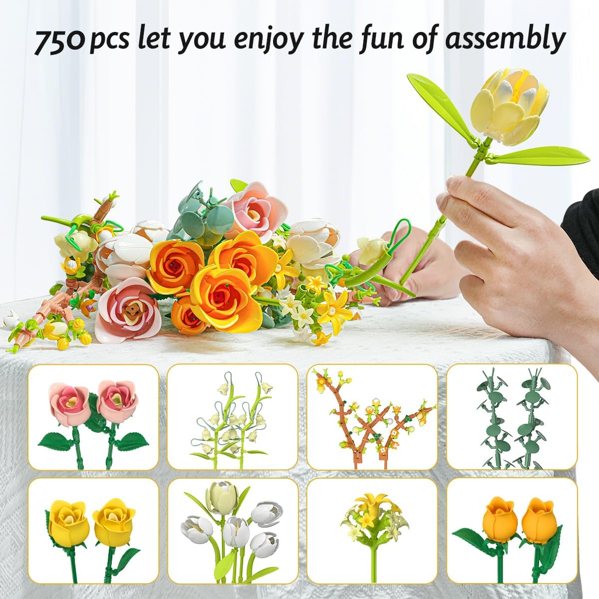 Thumbnail 2 de Tulip Rose Flowers Bouquet Building Set with Adjustable Stems and Petals