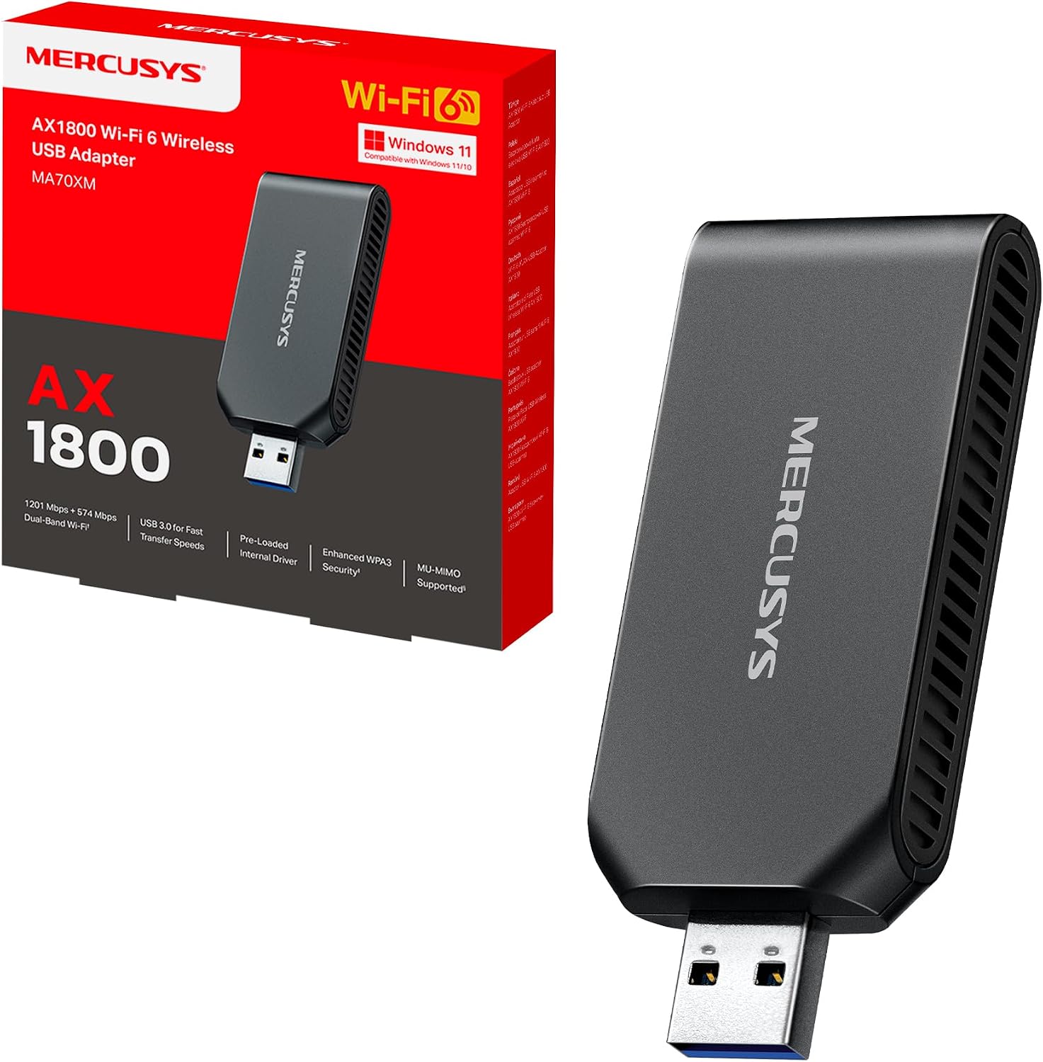 Detalle de Mercusys MA70XM AX1800 Adattatore USB WiFi 6 per PC – Dual Band 1201 Mbps + 574 Mbps