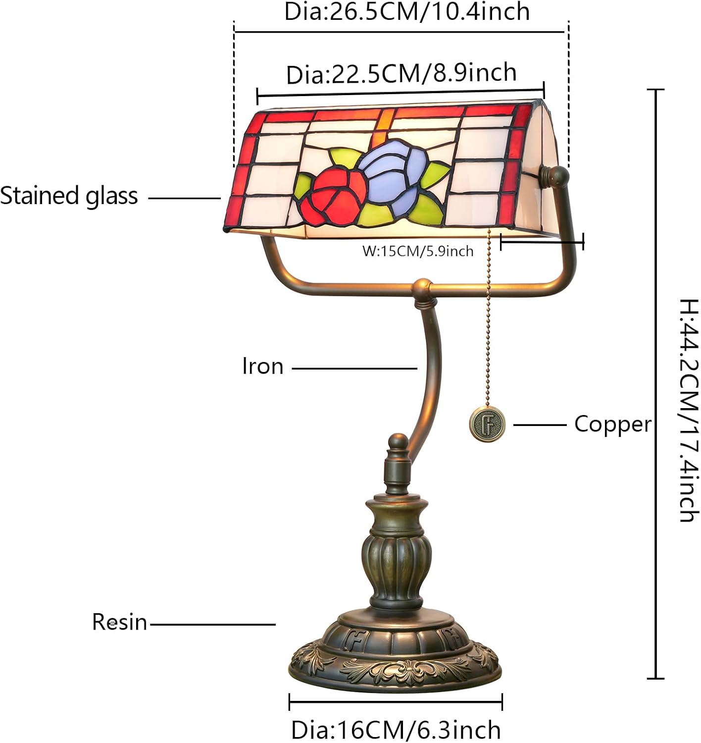 Thumbnail 5 de Blivuself Red Rose Tiffany Bankers Desk Lamp (stained glass table lamp, pull chain)