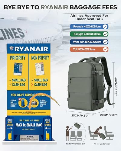 Thumbnail 1 de HPLQQ Mochila de cabina para avión 40x20x25 (Ryanair) con apertura 180° y compartimento para portátil — verde militar
