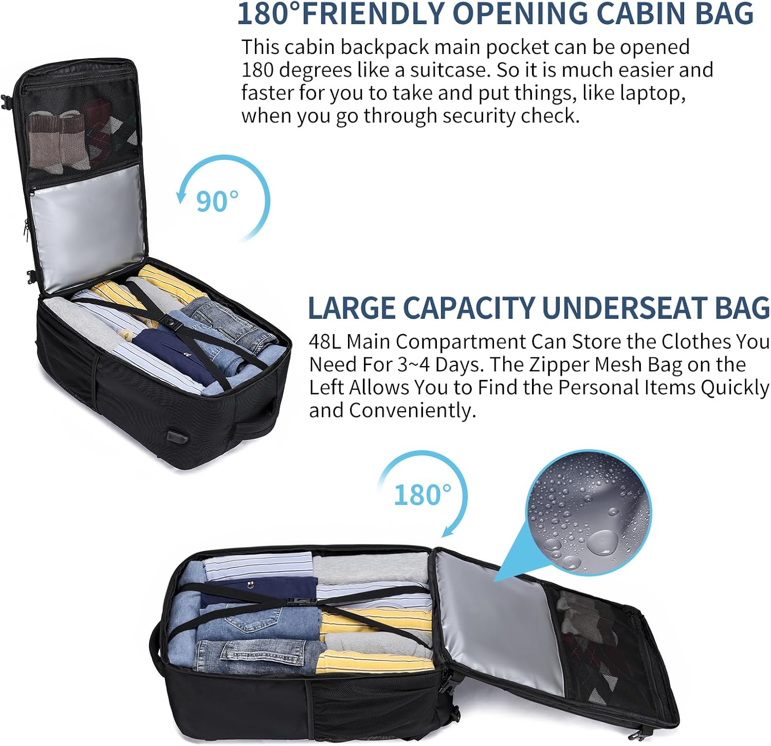 Detalle de Cabin Bag 55x35x25cm (48L) Travel Backpack with USB Charging Port and Laptop Compartment – Cabin carry-on approved, Black