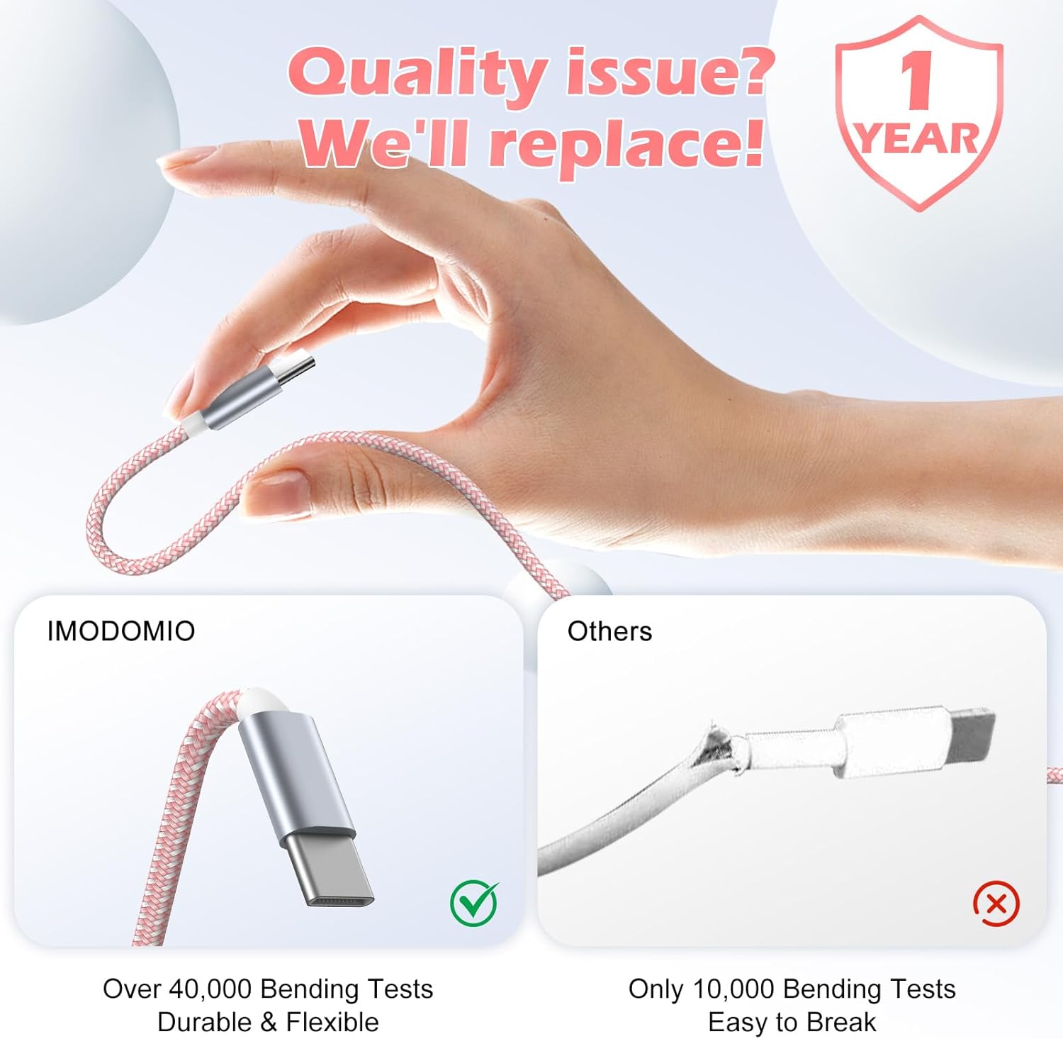 Thumbnail 5 de imodomio 3-in-1 iPhone and Apple Watch Charger (Pink) – USB‑C/USB‑A, 1.25m Nylon Braided