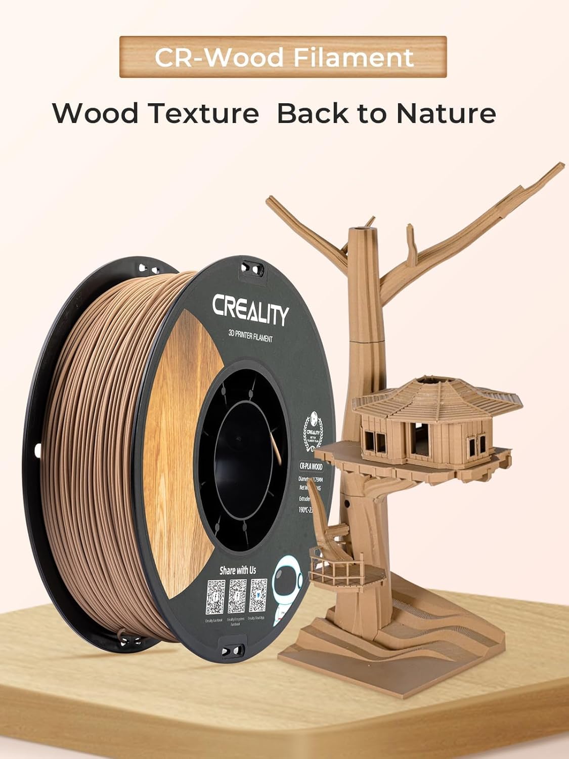 Thumbnail 1 de Creality Holzfilament 1,75 mm – CR PLA mit natürlicher Holztextur, 1 kg Spule, matte Oberfläche, ±0,02 mm Maßhaltigkeit