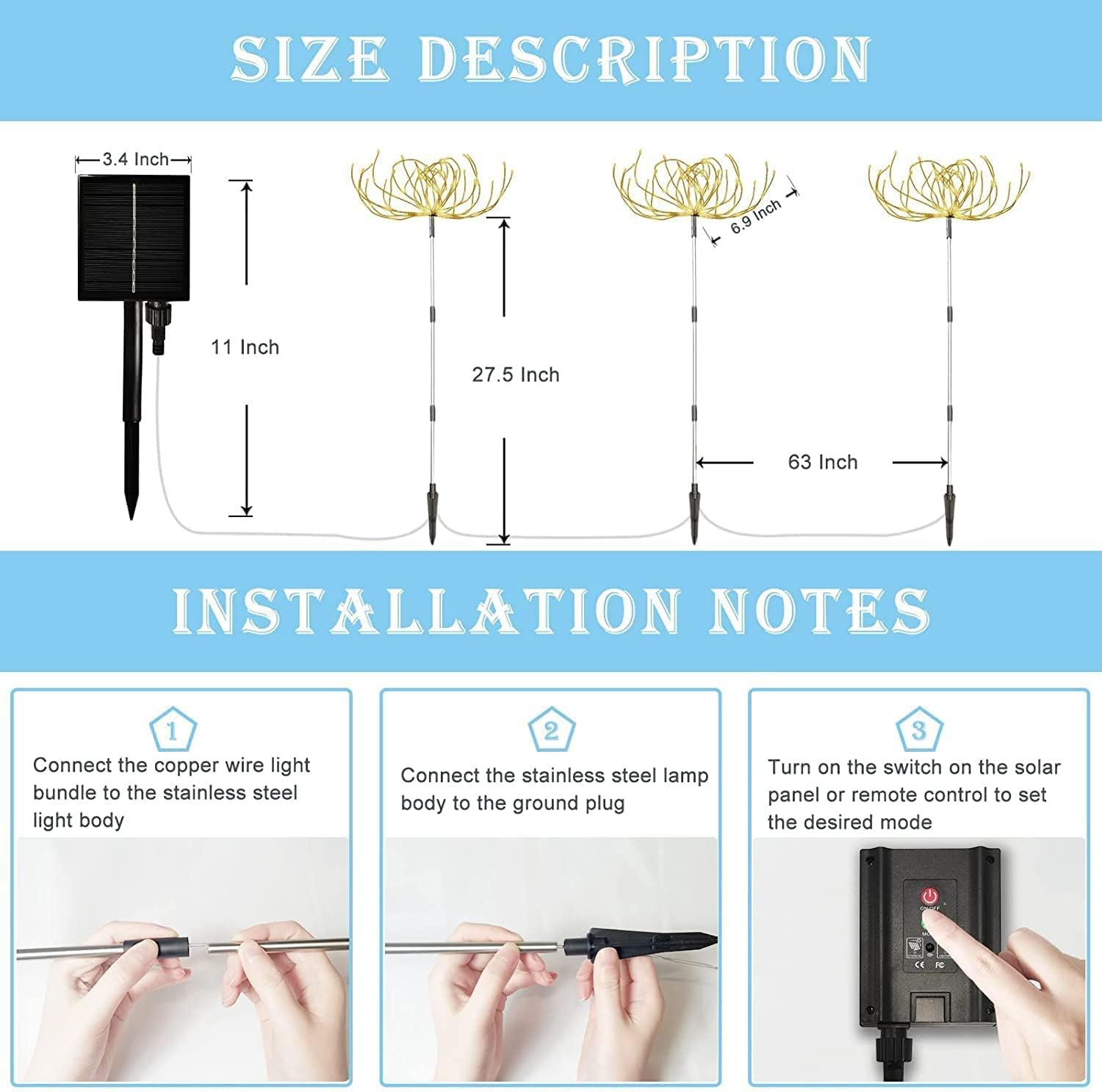 Detalle 2 de FANSIR Solar Garden Lights Outdoor 3 Pack with Remote Control (8 Modes, 120 LEDs) – Firework-style waterproof lamps