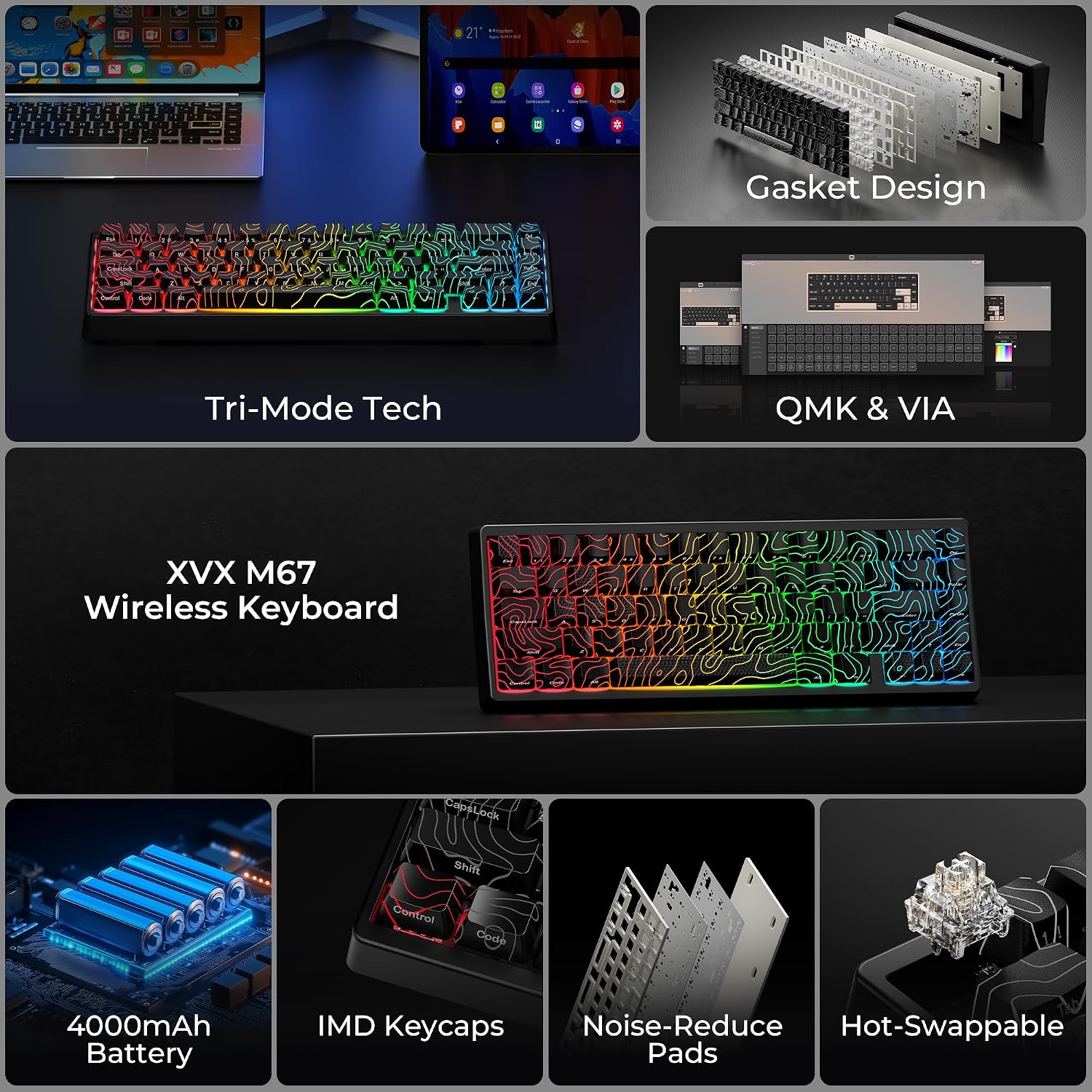 Detalle de HITIME x XVX M67 xh-M67WX-heise 60% Wireless Mechanical Keyboard, RGB
