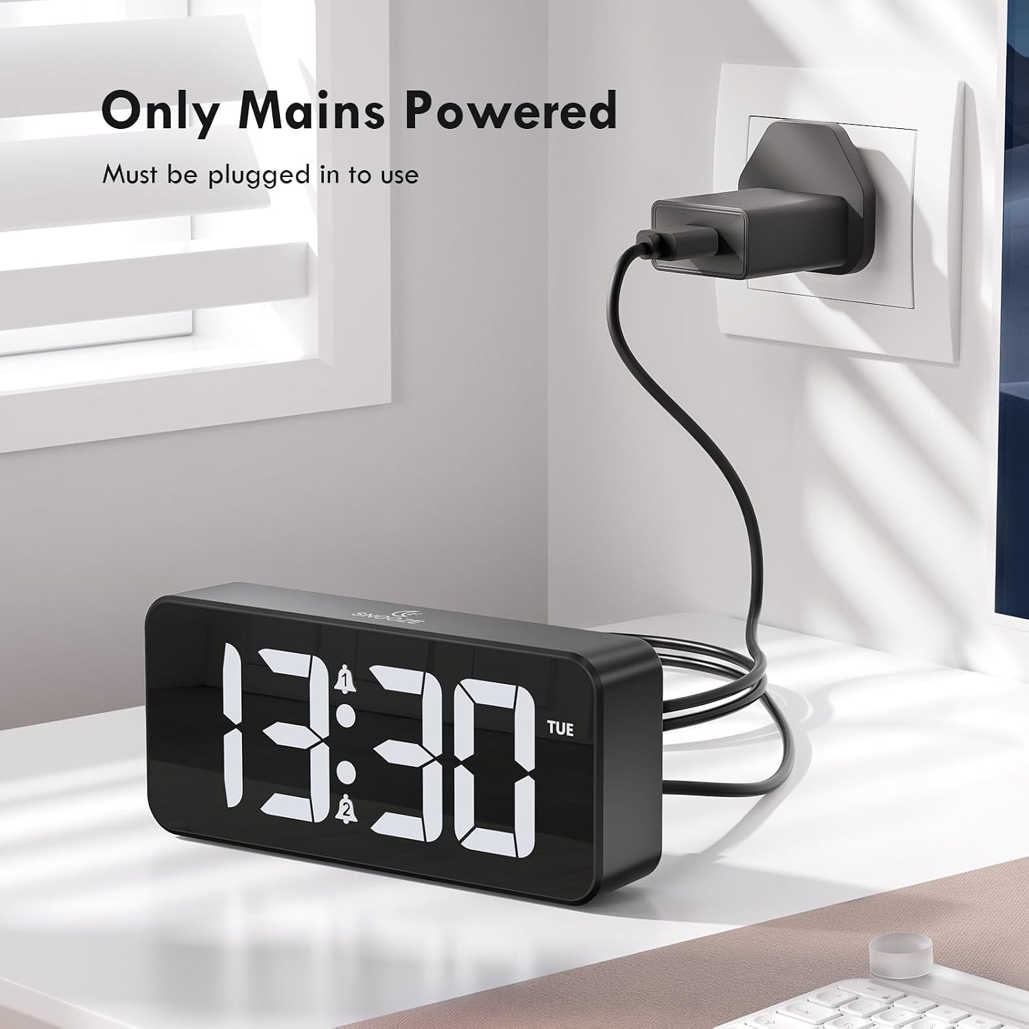 Thumbnail 2 de CHEREEKI mains powered bedside alarm clock with large LED display, dual alarms and USB charging
