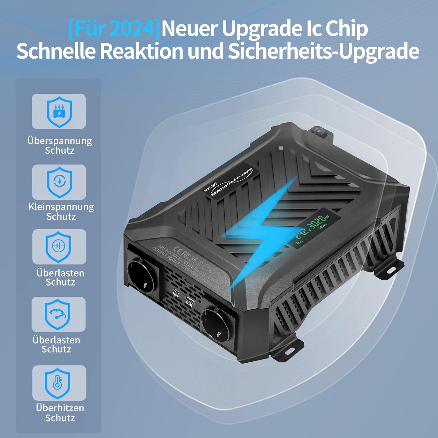 Thumbnail 4 de MFUZOP Power Inverter 12V/24V 220V a onda sinusoidale pura fino a 3.000W/6.000W con display LCD e USB/Type‑C