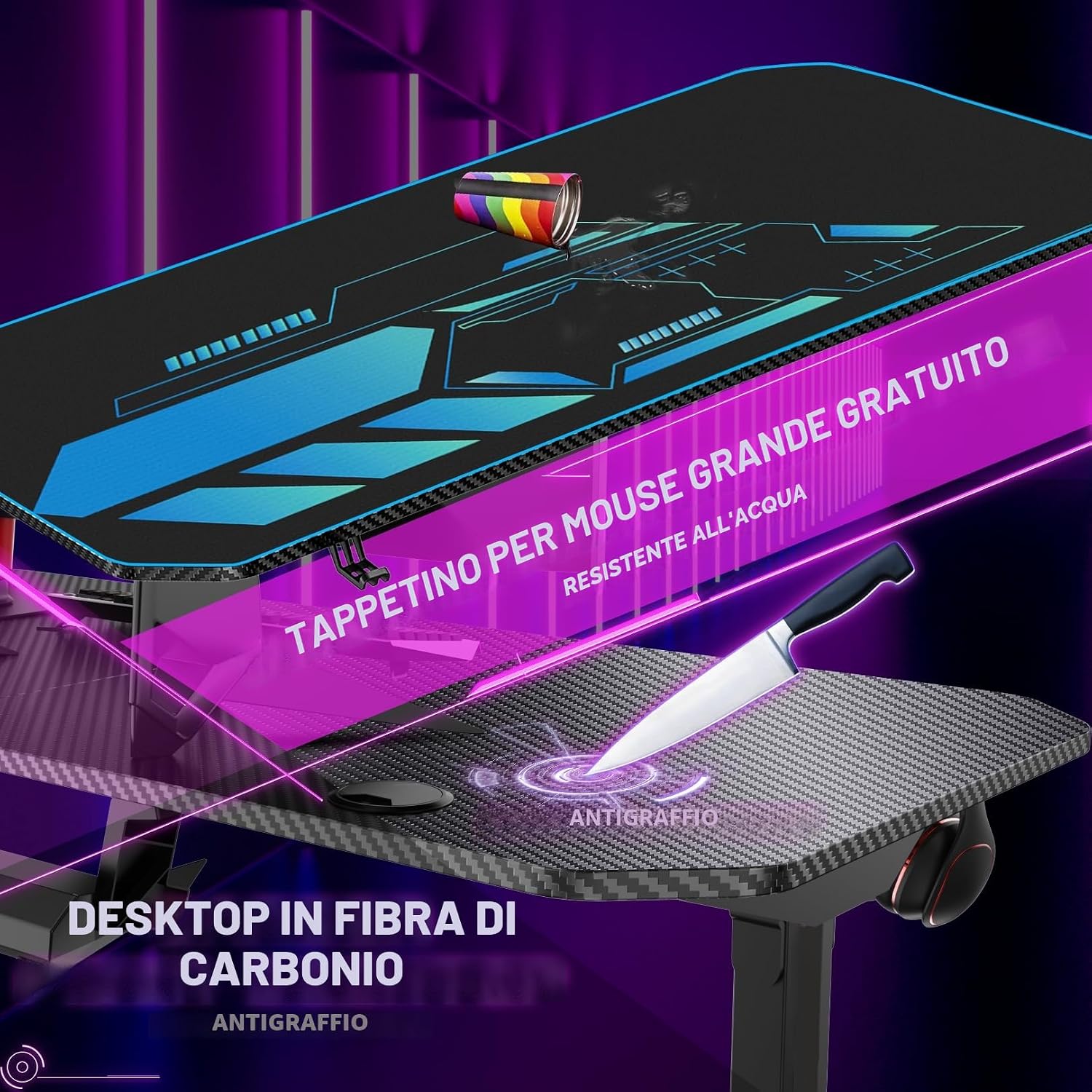 Detalle de Himimi Scrivania Gaming 160x75 cm: stabile, spaziosa e ben accessoriata