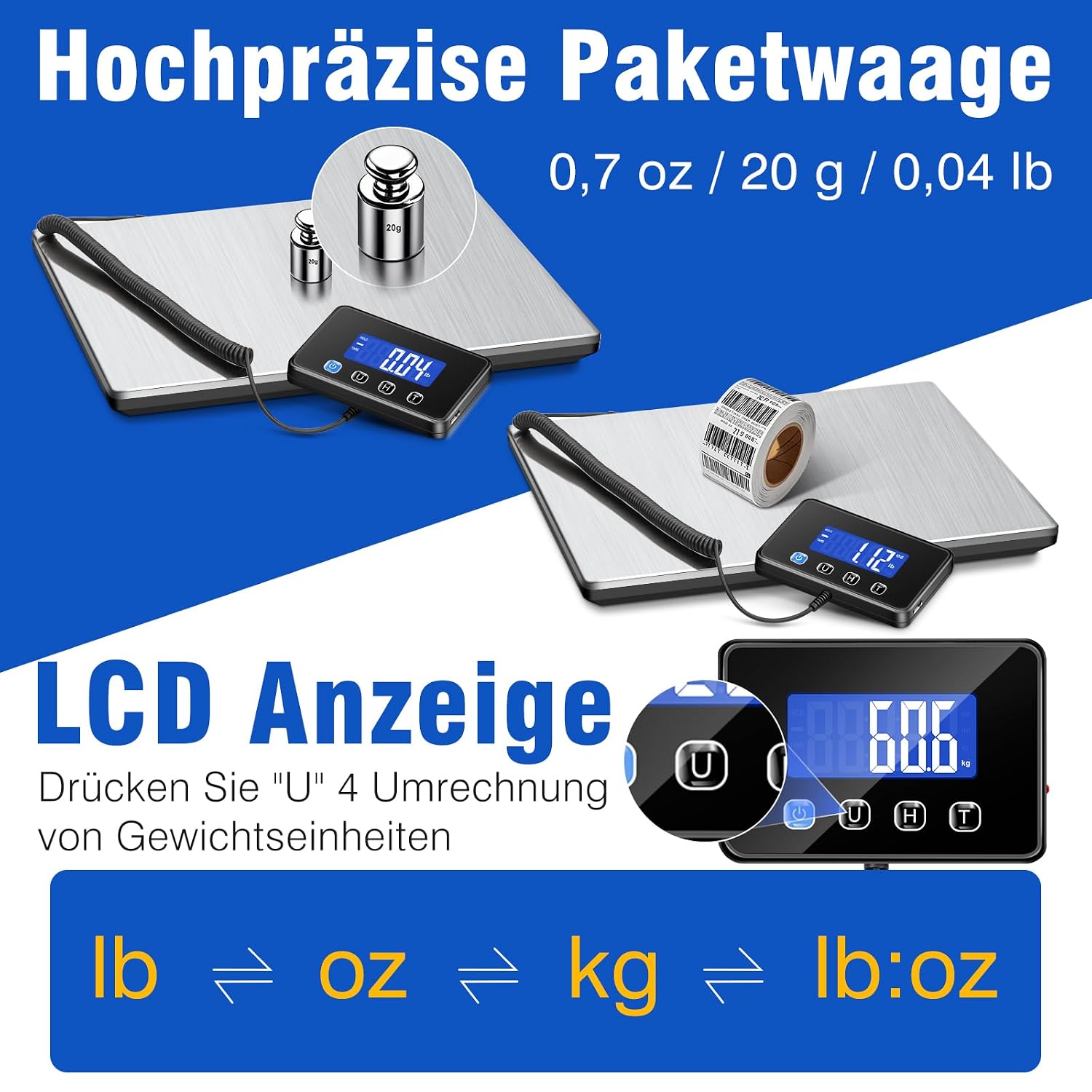 Detalle de RAOYAN Paketwaage 300 kg mit 20 g Genauigkeit