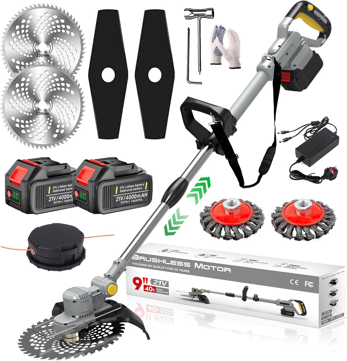 Cordless Grass Trimmer 21V Strimmer with 2 x 4000mAh Batteries and 4 Types Blades