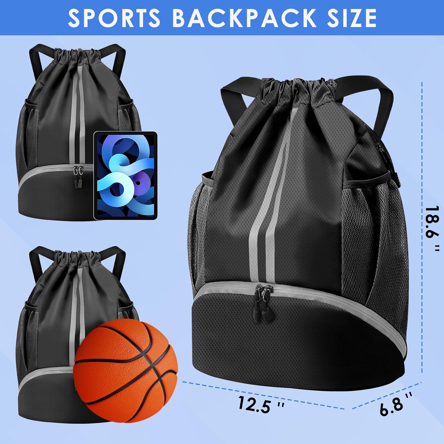Thumbnail 5 de BROTOU Unisex Waterproof Drawstring Backpack Gym Bag with Shoe Bag (Oxford, Large)