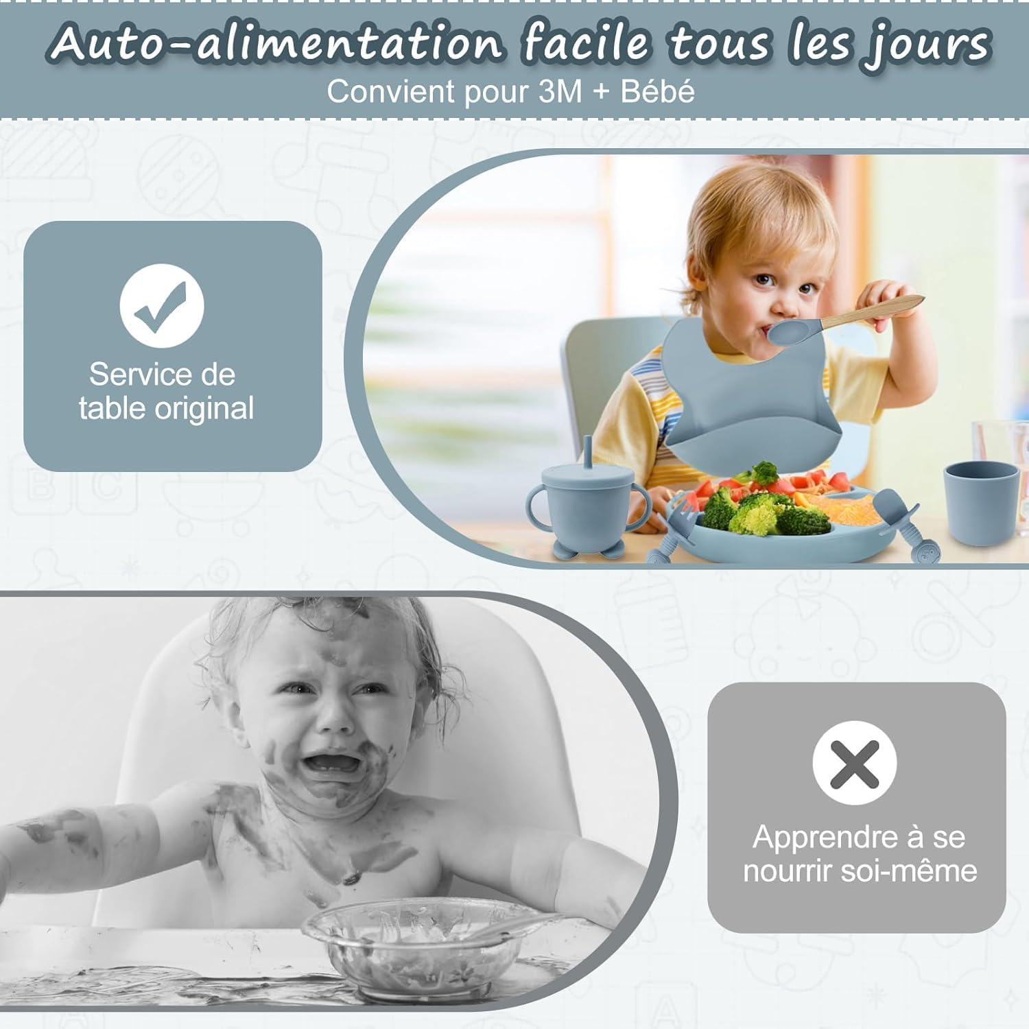 Detalle 2 de Baby Geschirrset 12-teilig (Kindergeschirr, Babylöffel, Trinklernbecher) aus BPA-freiem Silikon mit Saugnapf