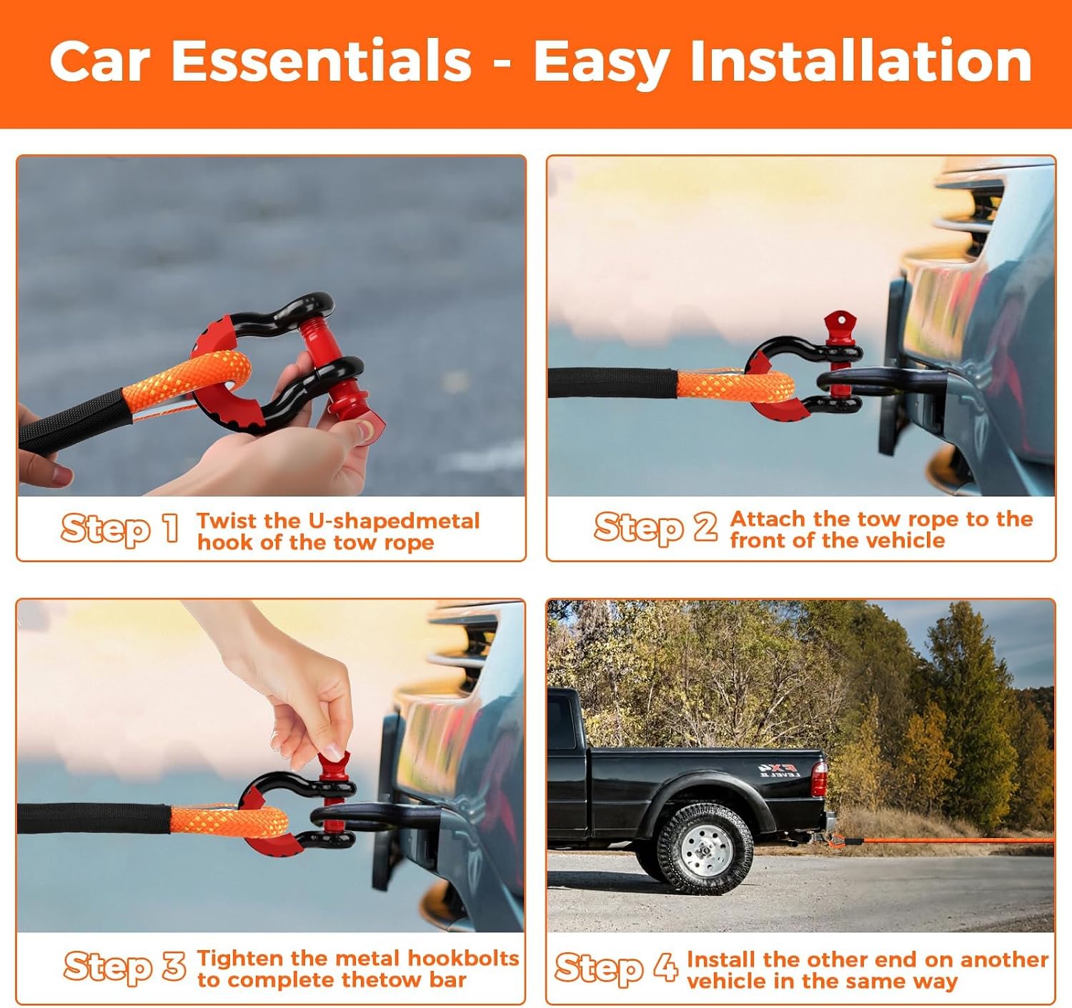 Thumbnail 5 de Longzhuo 6M (20FT) Tow Strap Recovery Rope 22,000 LBS Heavy Duty with D Shackles, Storage Bag & Gloves
