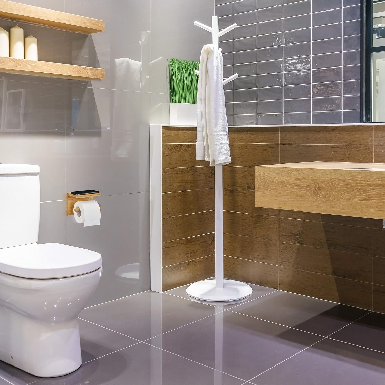 Detalle de Relaxdays Porte-Papier Toilette en Bambou avec Espace de Rangement — 12x16x10,3 cm, Nature