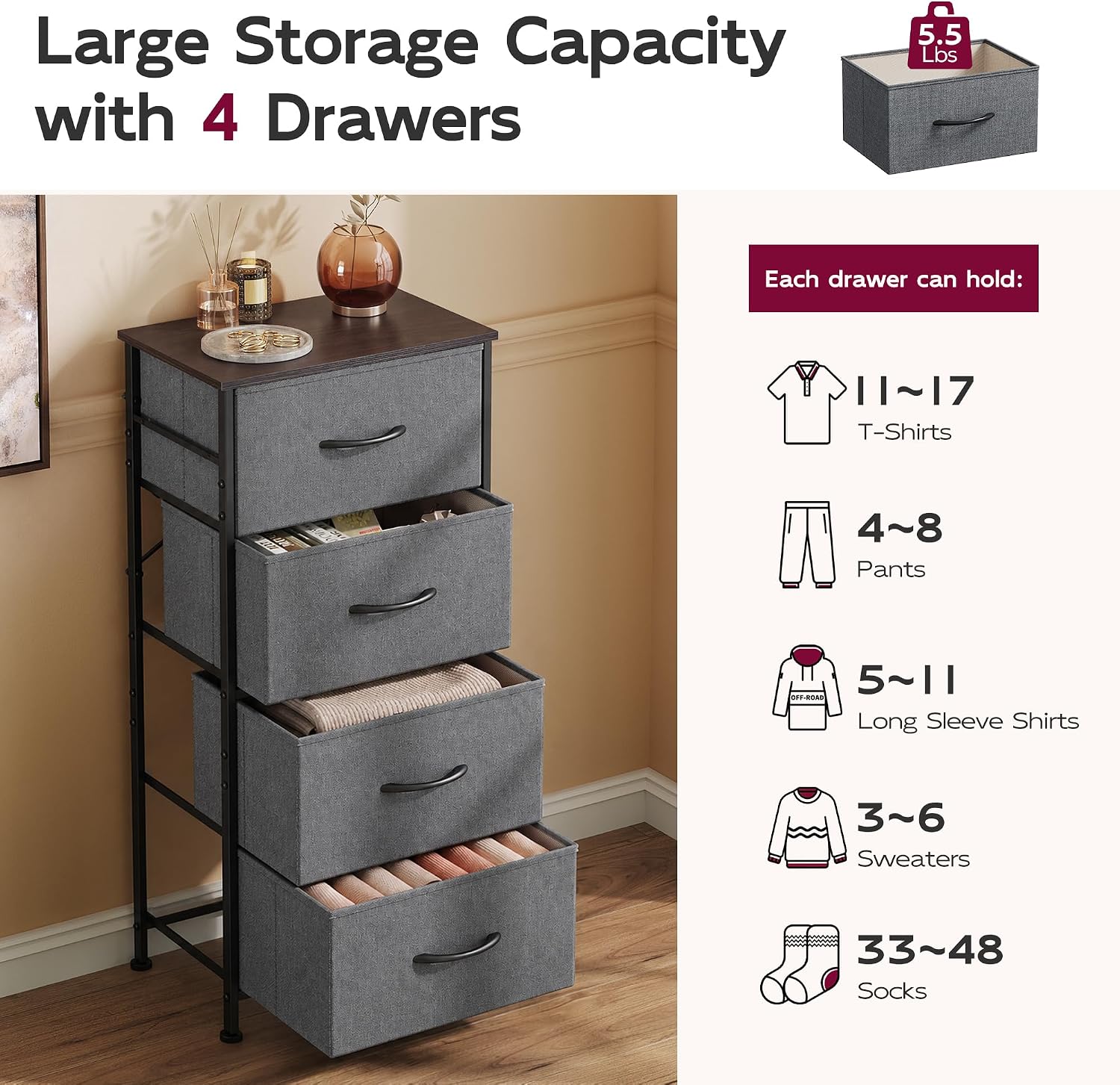 Detalle 2 de WLIVE dresser with 4 drawers storage tower