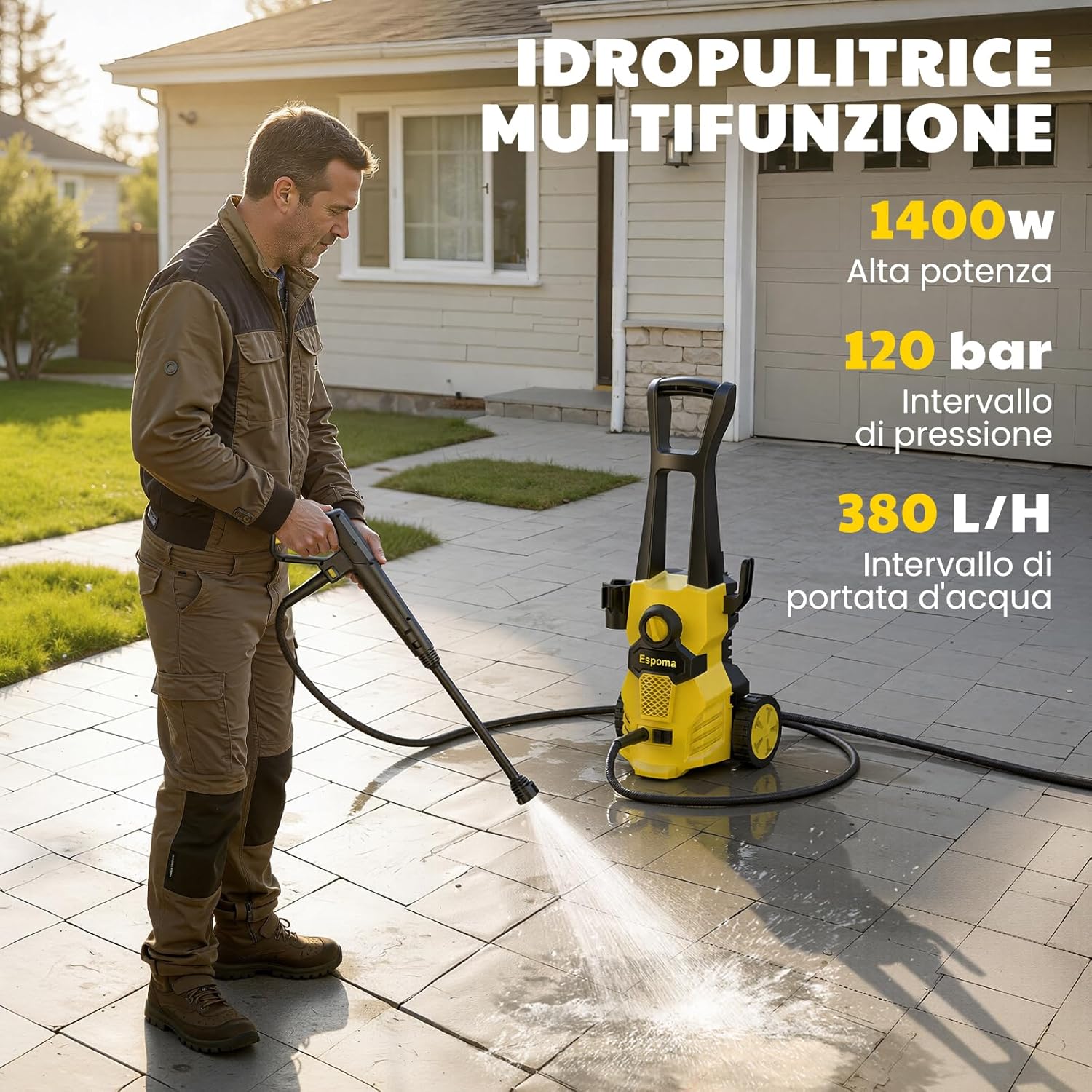 Detalle de Idropulitrice professionale 120 Bar – Espoma, 1400 W, 380 L/h, Autoadescante, 7 m, per auto e terrazzo