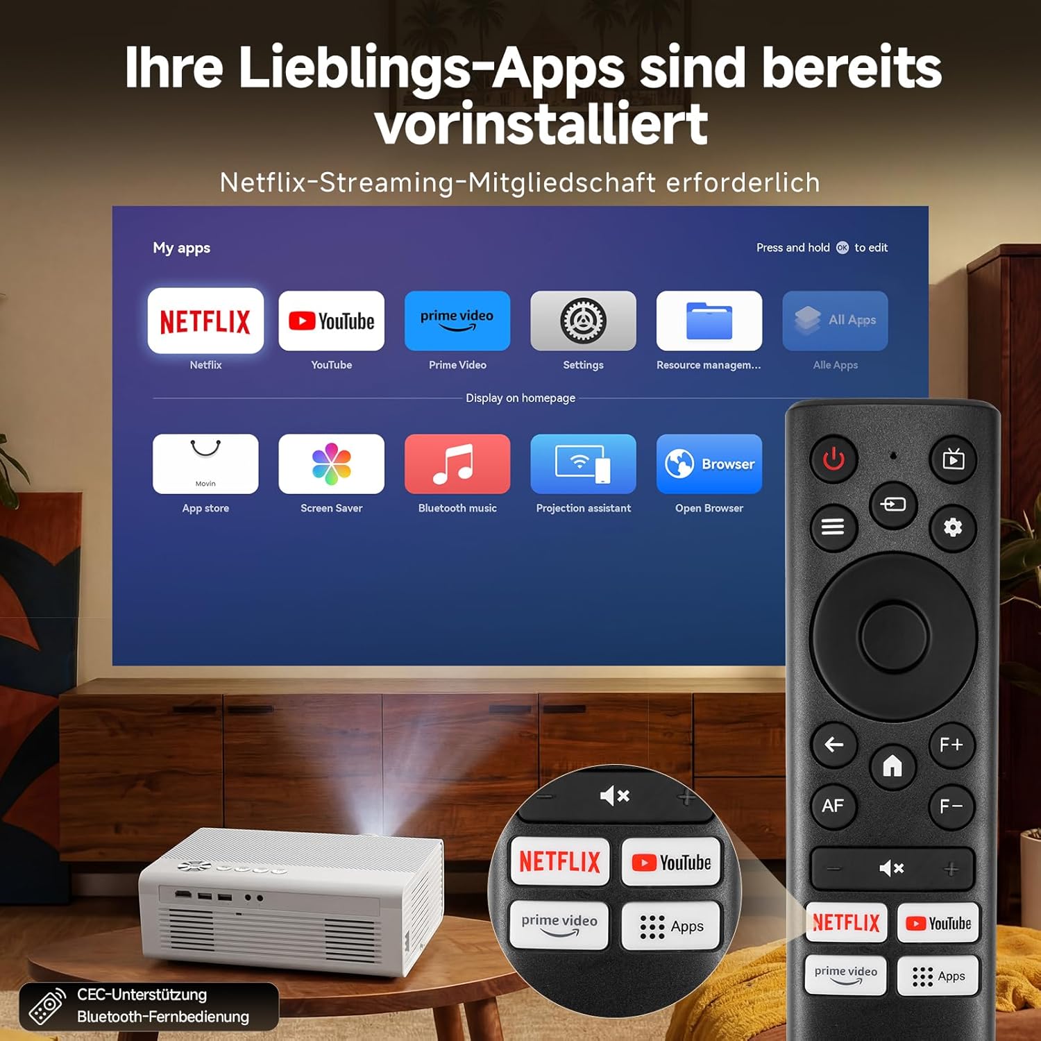 Detalle de KOGATA GC357 4K Smart Beamer mit WLAN & Bluetooth – HDR10+ Auto-Fokus, 6D Keystone, Dolby Audio, Heimkino für Garten & Streaming