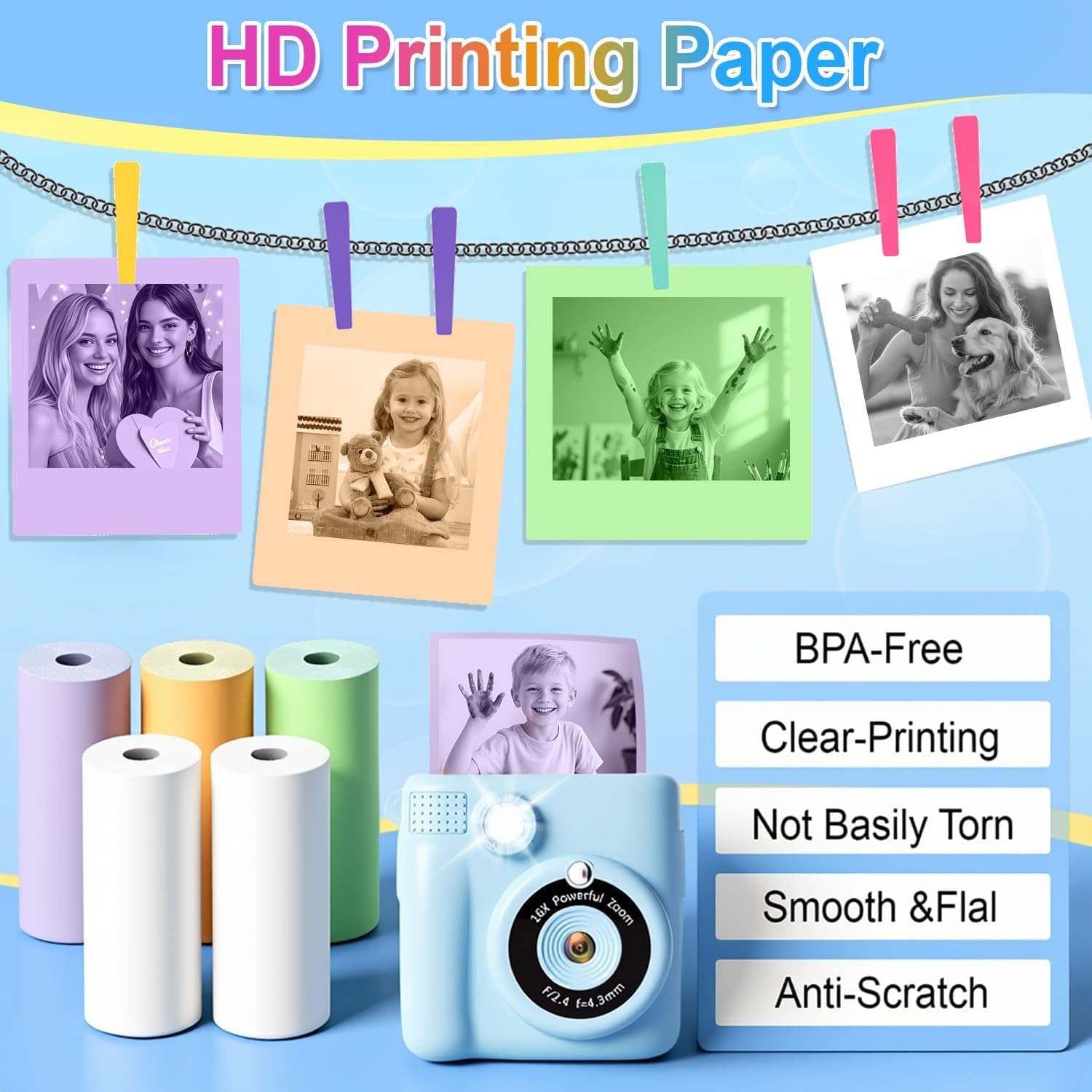 Detalle de QUASON 18 Rolls Kids Camera Paper Roll Refill – BPA Free Thermal Paper for Instant Print Cameras