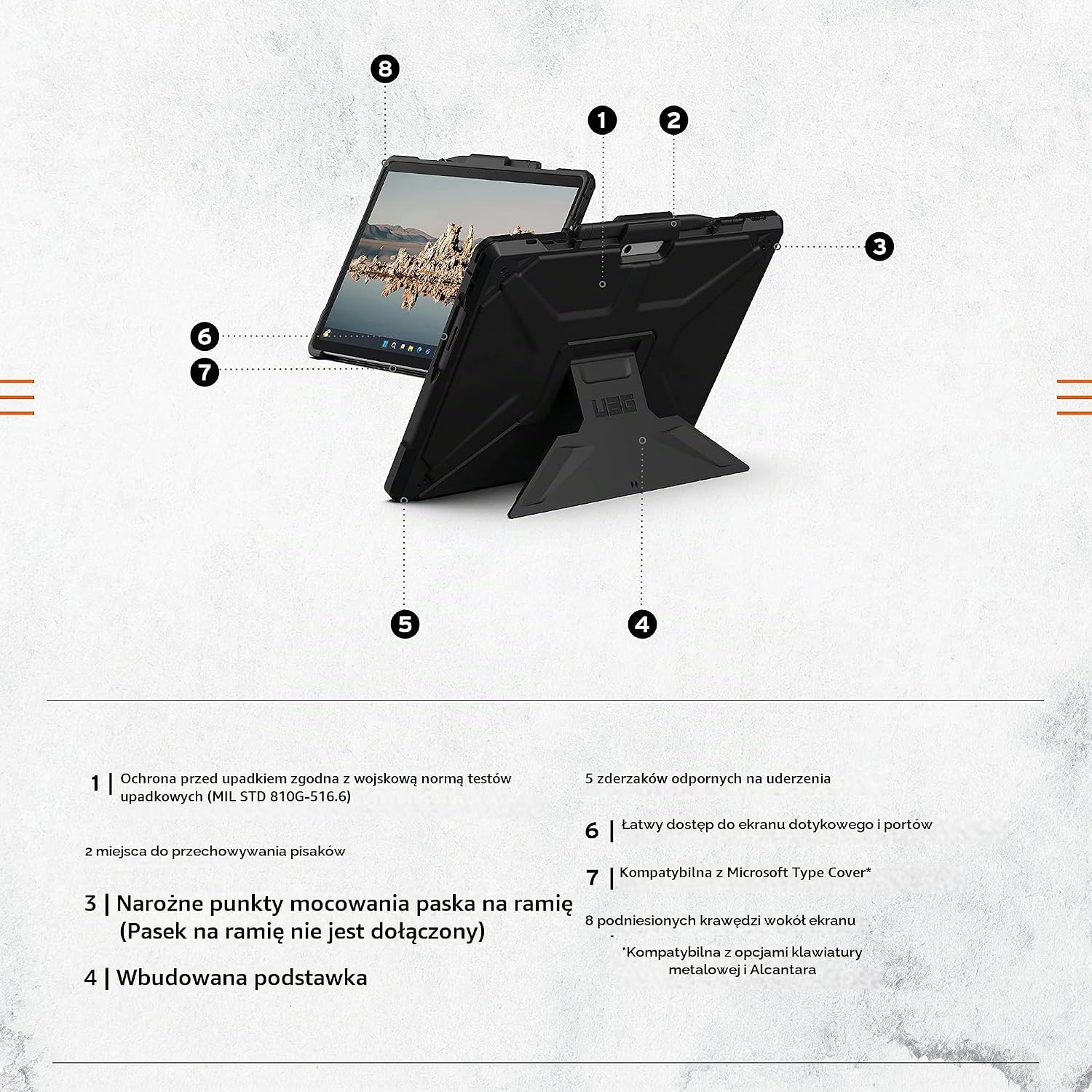 Detalle de URBAN ARMOR GEAR Metropolis SE – etui do Microsoft Surface Pro 9 ze stojakiem