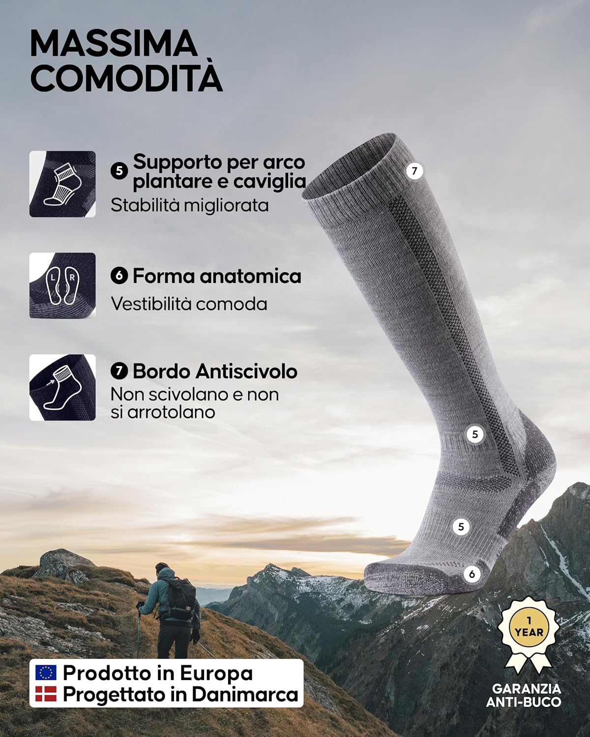 Thumbnail 2 de DANISH ENDURANCE Calze lunghe trekking in lana merino con effetto anti- vesciche (1 o 3 paia) uomo e donna