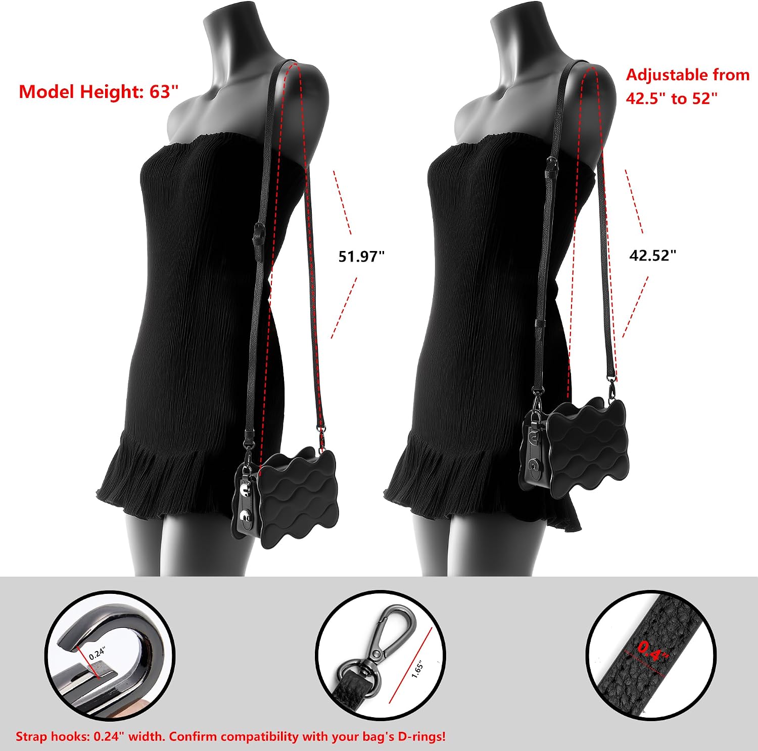 Detalle 2 de SEAVILIA Adjustable PU Leather Purse Strap, 0.47-Inch Thin Black Crossbody Strap