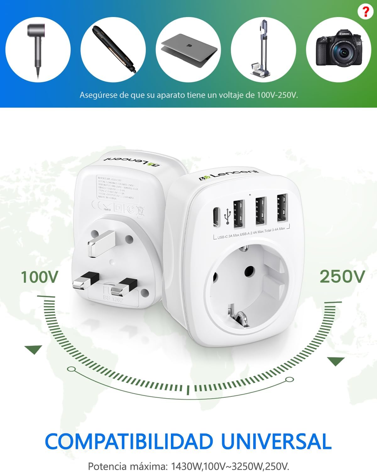 Thumbnail 4 de LENCENT Adaptador Enchufe UK 3250W