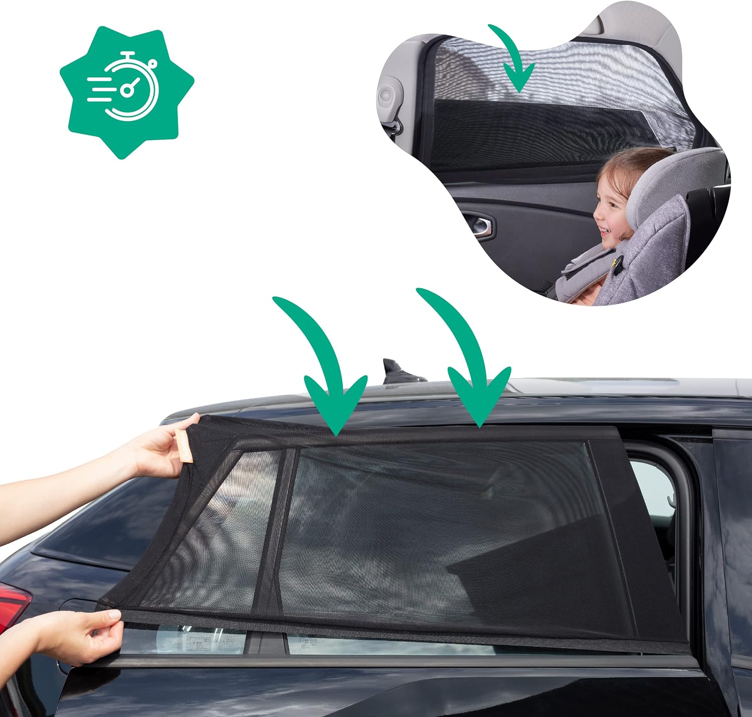 Detalle 2 de Badabulle Auto Sonnenschutz 2er Set – 99% Sonnenlicht gefiltert, hitzereduzierend und universal passend