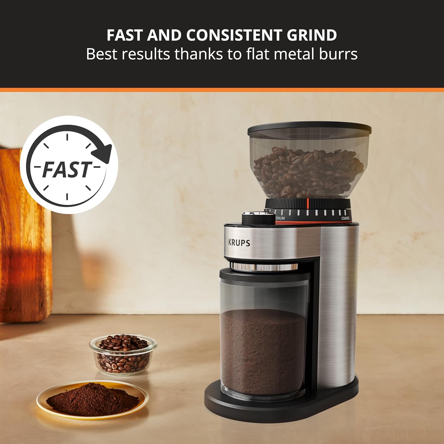 Detalle de KRUPS Flat Burr Coffee Grinder Electric, 18 Adjustable Settings, 2-20 Cups, Stainless Steel, Black