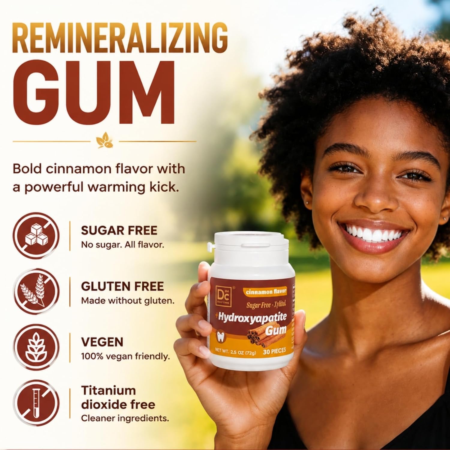 Detalle 1 de DC24 DAILY CARE Remineralizing Hydroxyapatite Gum, Cinnamon, 90 Count