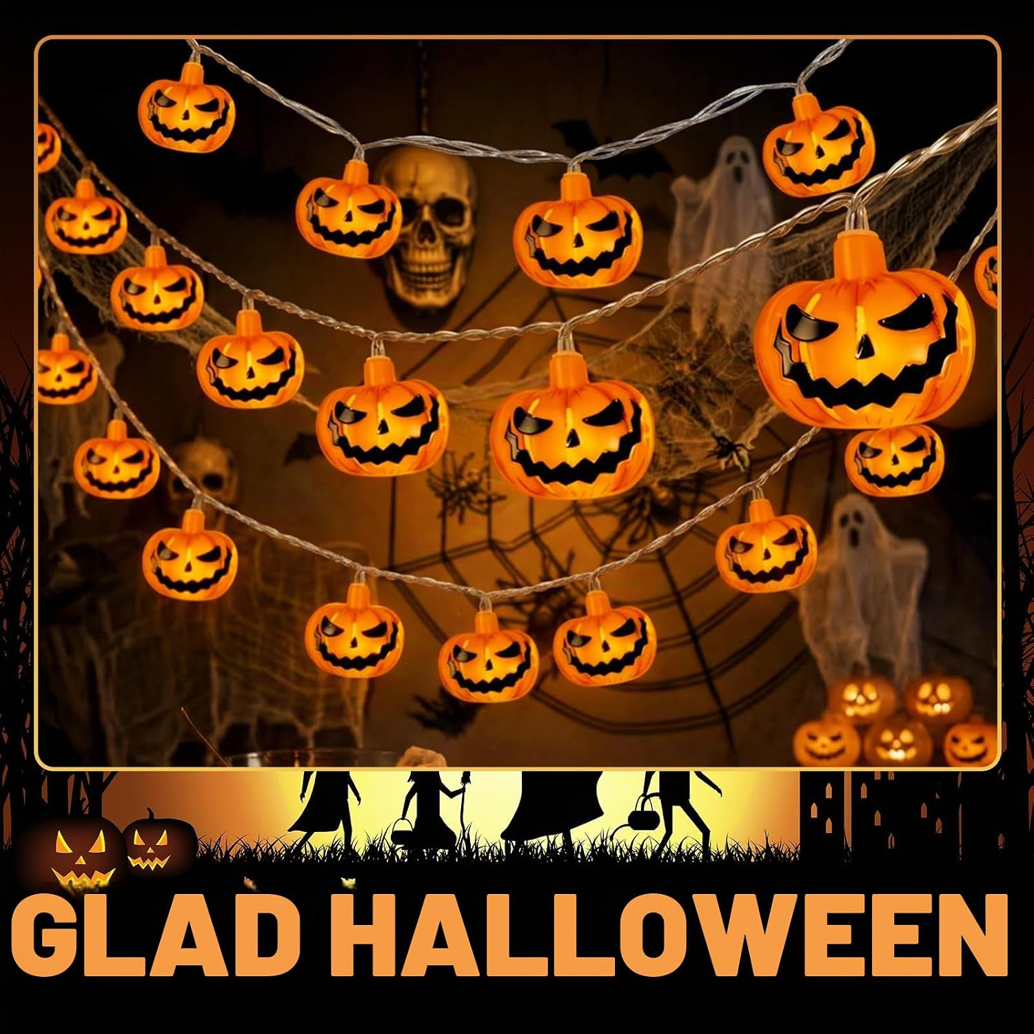 Thumbnail 1 de A.bigwhale Halloweenljusslinga med pumpor, 20 orange LED och timer