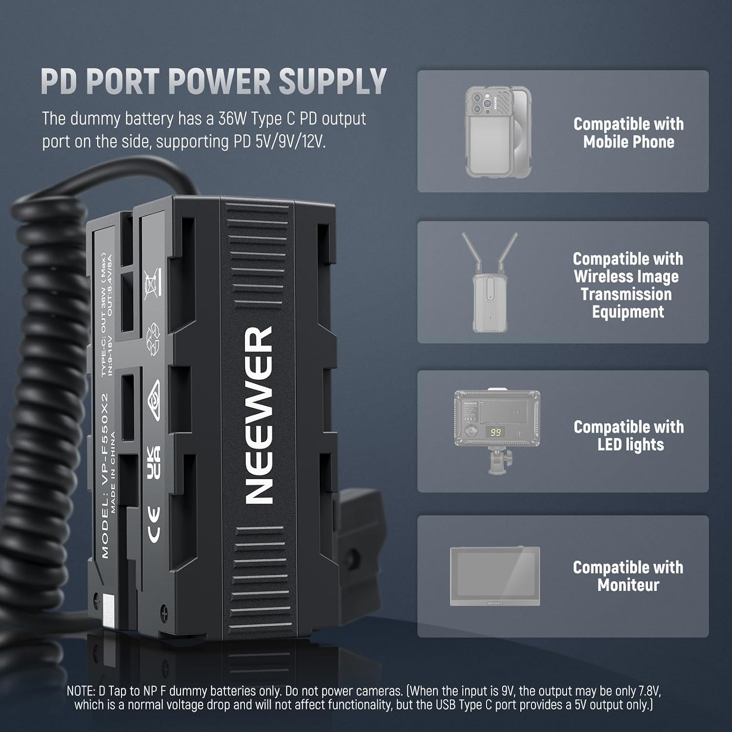 Detalle 2 de NEEWER Adaptateur de batterie factice double face avec écran – D-Tap vers répartiteur USB-C et sorties NP-F