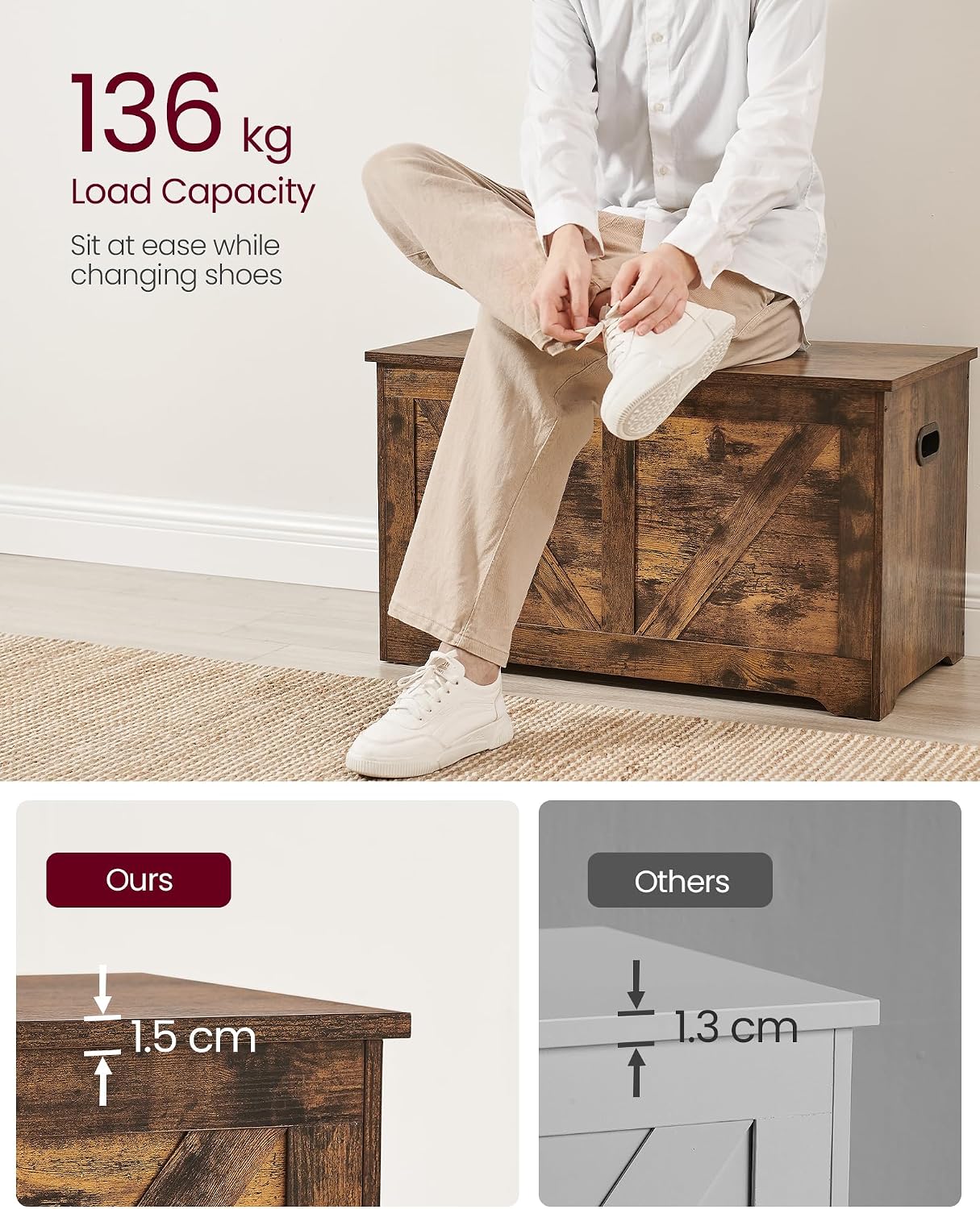 Thumbnail 6 de VASAGLE HAINS LSB062T01 Storage Bench, 80 x 40 x 46 cm, Rustic Brown