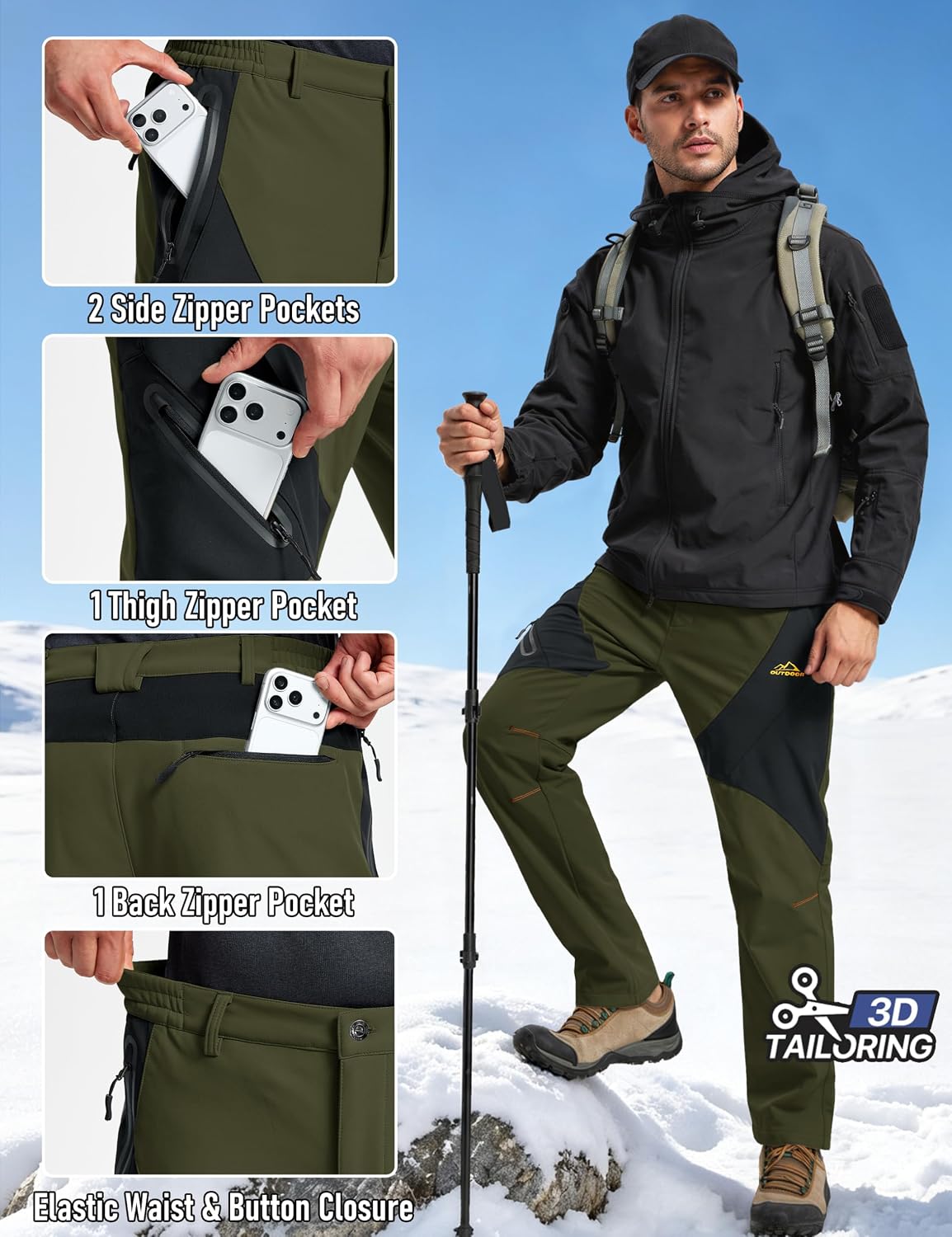Detalle de TACVASEN Men's Winter Snow Pants with Fleece Lining and 4 Zip Pockets