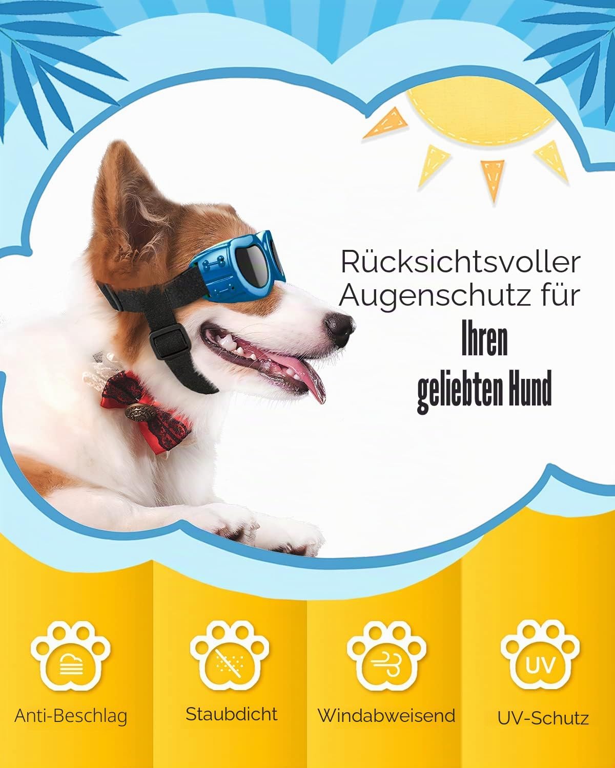 Detalle de Lewondr Sonnenbrille für Hunde — UV-Schutz, Wind- und Wasserdicht, verstellbares Gummiband (Kleine Hunde) – Vintage Blau