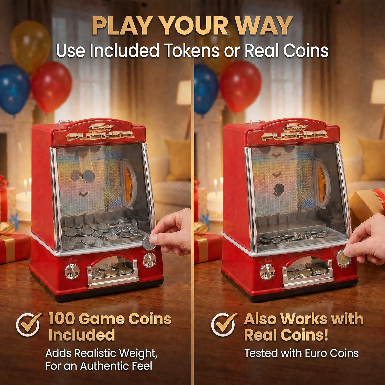 Detalle de GOODS+GADGETS Coin Pusher Slot Machine with Lights, Sound and 100 Coins