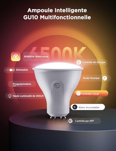 Detalle de Govee Ampoule Connectée WiFi GU10 RGBWW avec Matter — 4 Pack, 400LM, 16 M couleurs, synchronisation musique