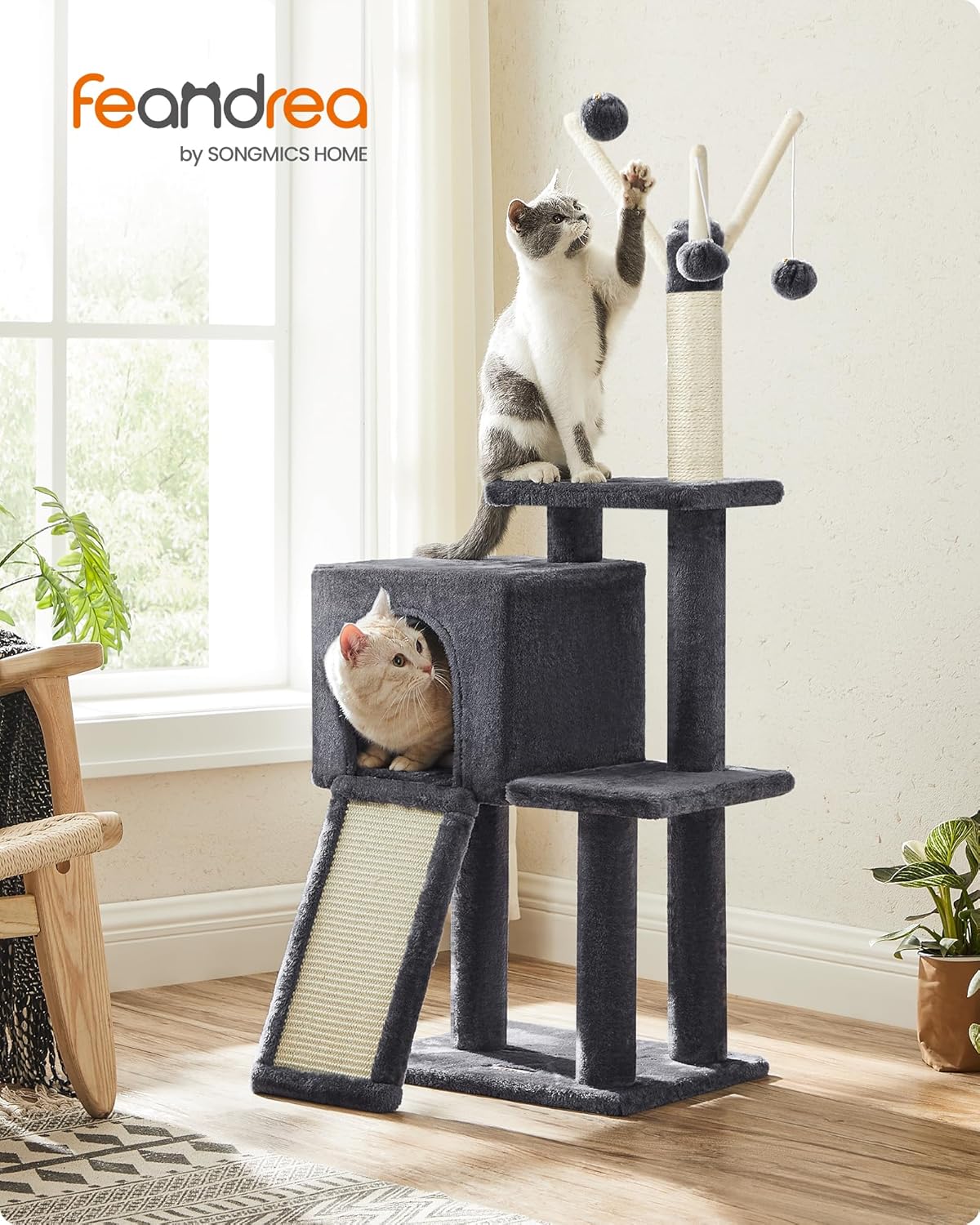 Detalle de Feandrea Tiragraffi per Gatti con Albero a Molti Livelli e Grotta – Grigio Fumo 42 x 32 x 118 cm