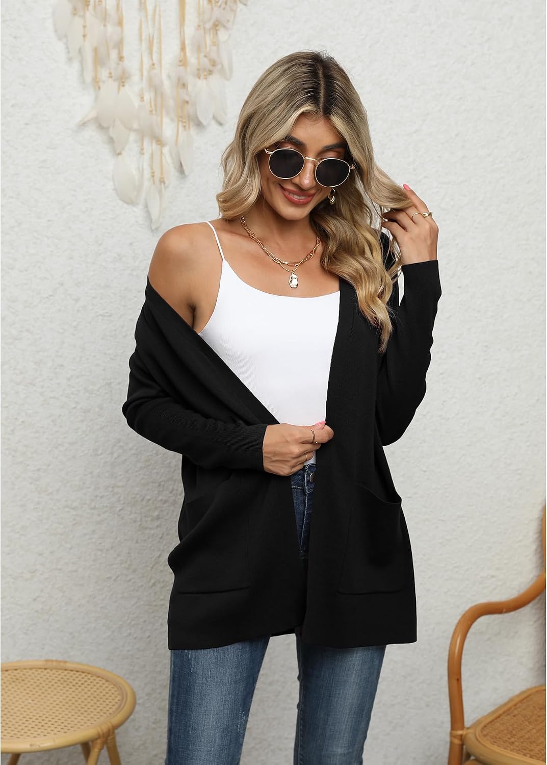 Detalle de Yommay Damen-Strickjacke mit Taschen – offene V-Form, leicht & locker