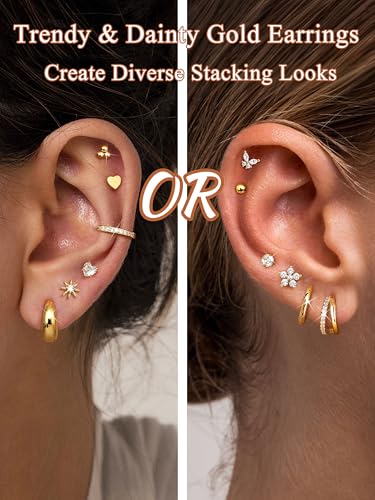 Detalle 2 de CASSIECA 12Pairs Flat Back Earrings – Hypoallergenic 316L Steel with 14K Gold Plating