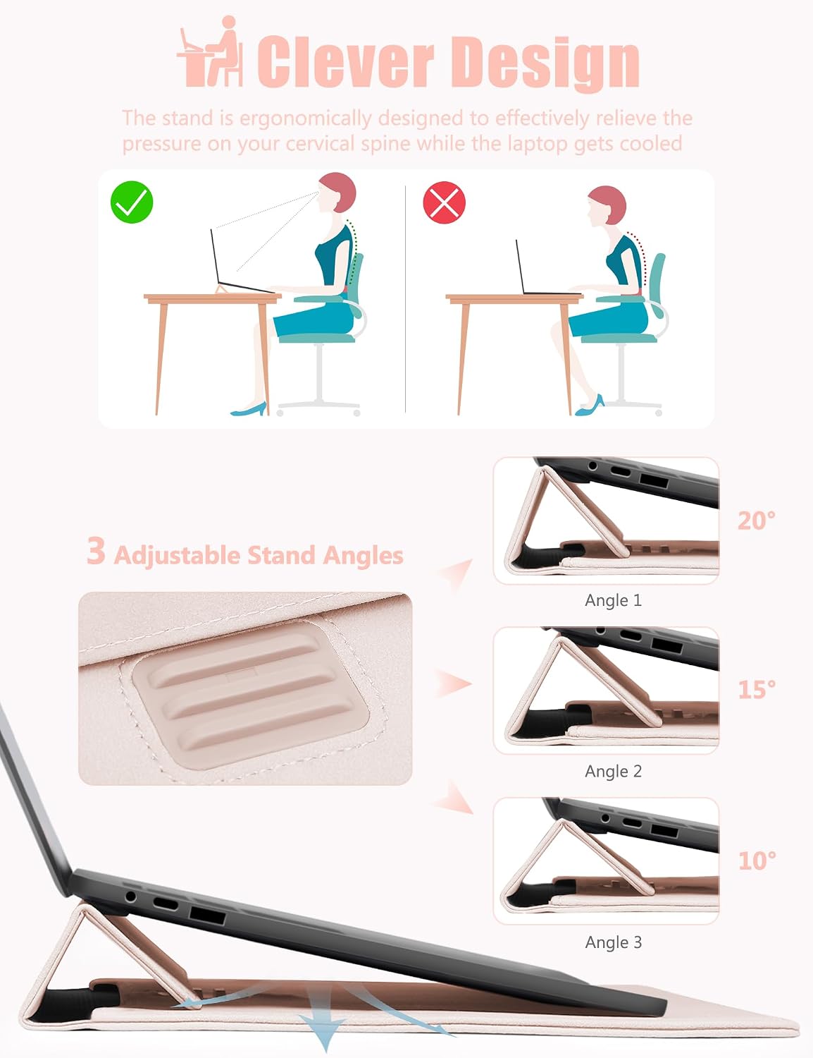 Detalle de HYZUO 13 Zoll Laptop-Hülle mit Dreifach-Ständer, Magnetverschluss und Stauraum (Aprikose)