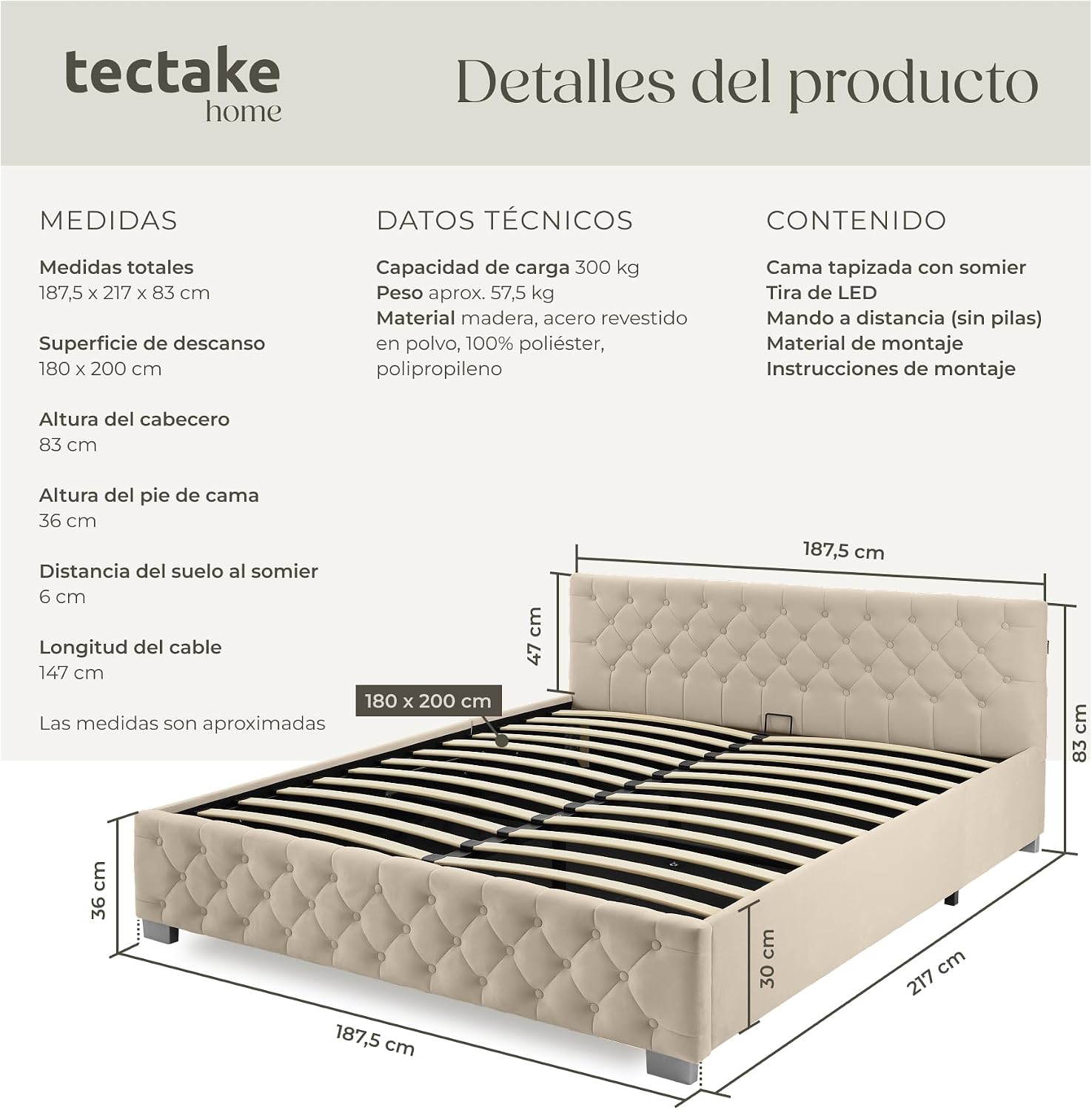 Detalle 2 de tectake® Cama Tapizada Terciopelo 217 x 187,5 cm
