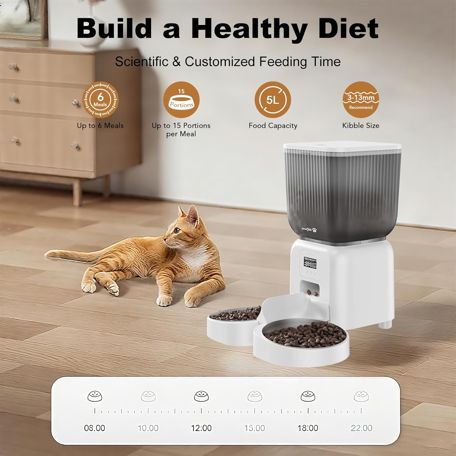 Thumbnail 5 de Olfjurk Automatic Cat Feeder (5L) – Timed Dry Food Dispenser with Dual Power, 1–6 Meals