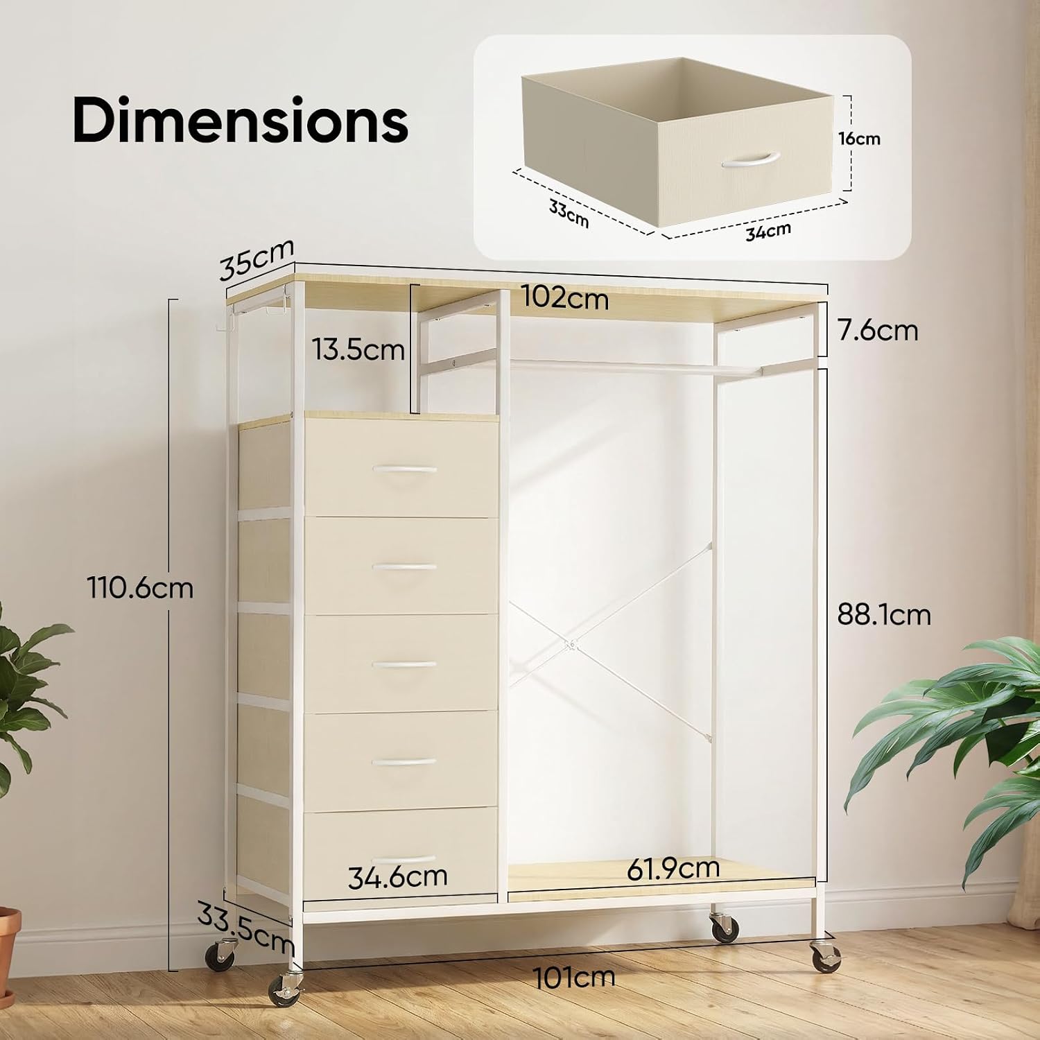 Detalle de HOKEEPER All-in-One Rolling Coat Rack with 5 Drawers (Beige) – Mobile closet organiser on wheels